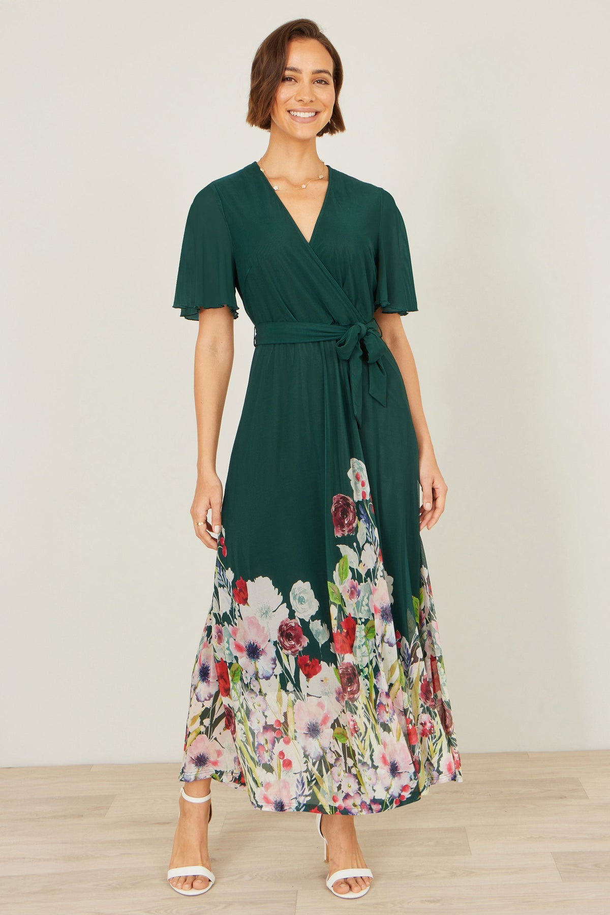 Yumi Green Mesh Wrap Midi Dress With Floral Hem Border