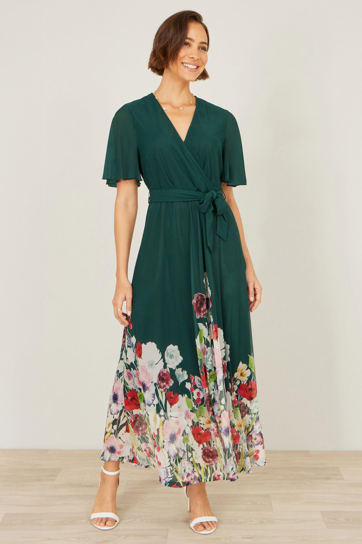 Yumi Green Mesh Wrap Midi Dress With Floral Hem Border Love My Apparel Yumi Green Mesh Wrap Midi Dress With Floral Hem Border Love My Apparel