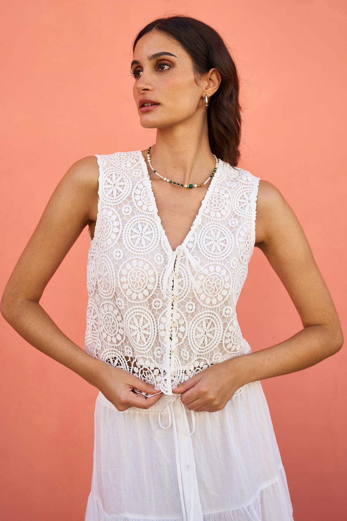 Yumi White Crochet Lace Tie Waistcoat