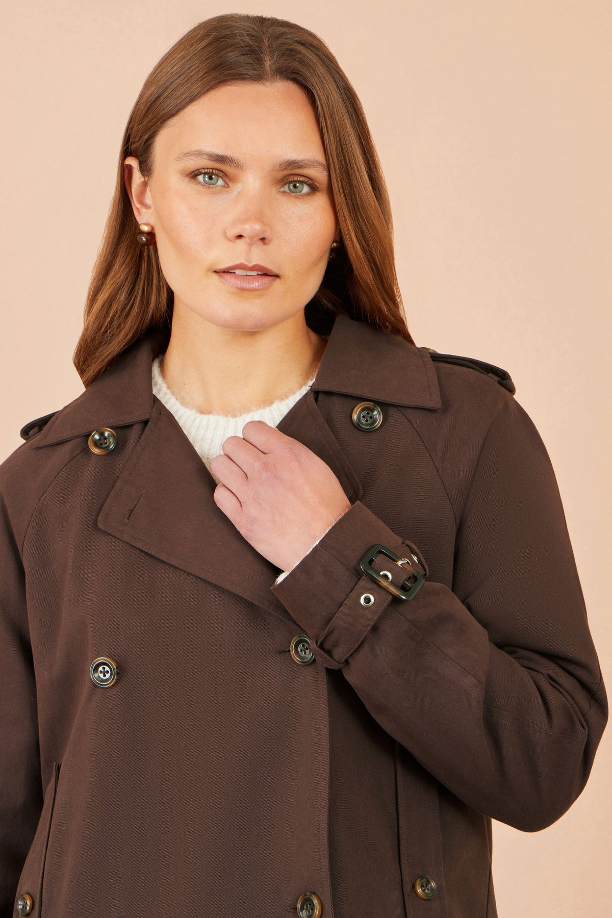 Yumi Brown Cropped Trench Coat With Check Lining