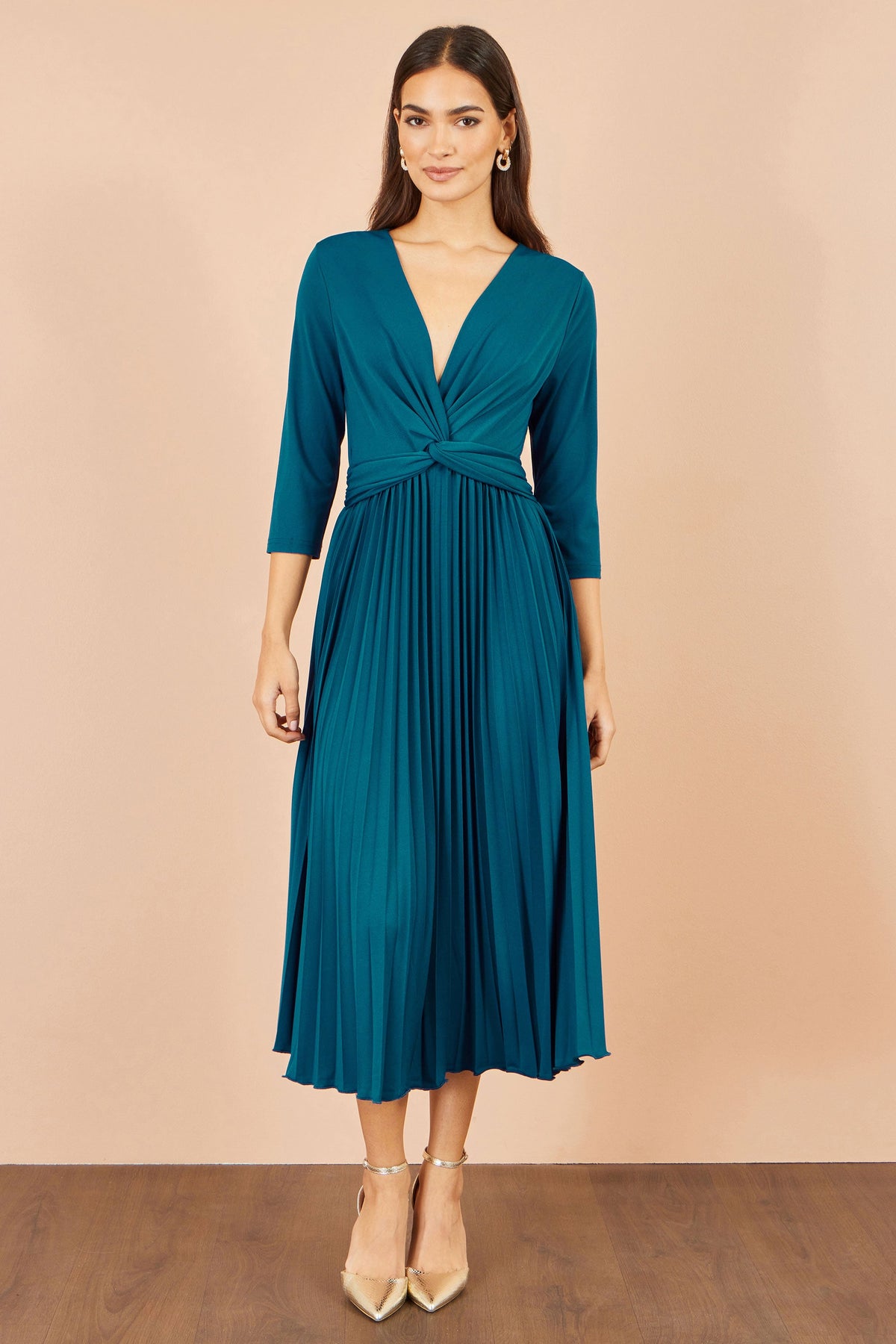 Yumi Teal Stretch Wrap Pleated Midi Dress