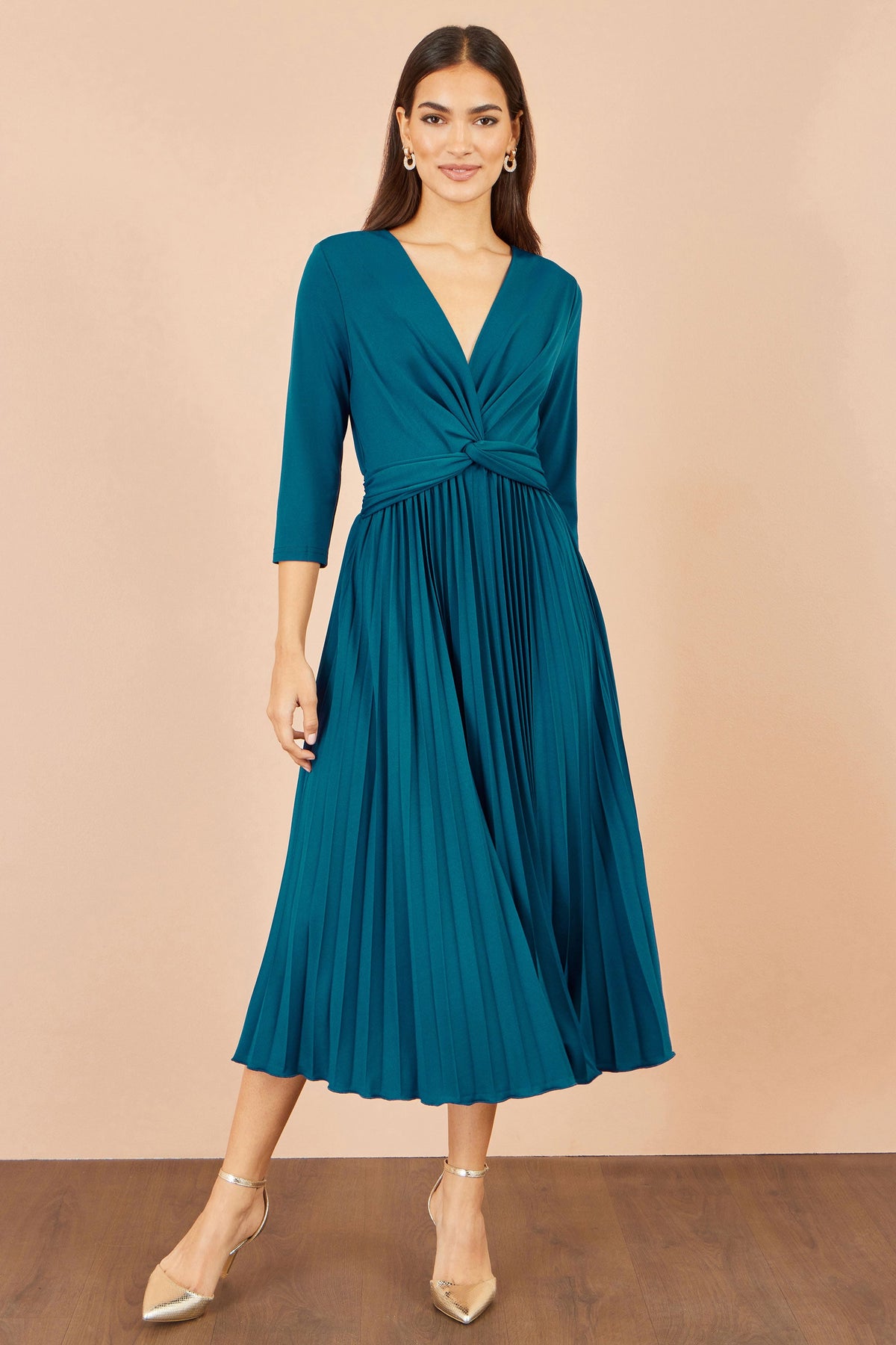 Yumi Teal Stretch Wrap Pleated Midi Dress