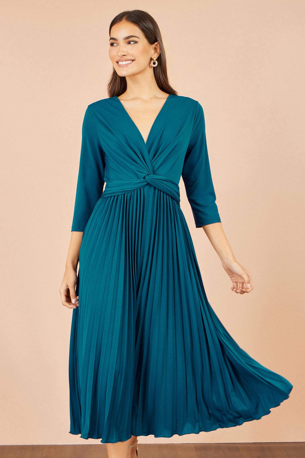Yumi Teal Stretch Wrap Pleated Midi Dress