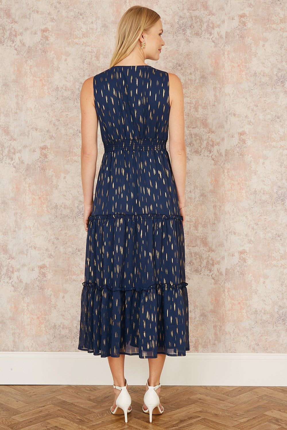 Yumi Navy Foil Print Ruched Waist Midi Dress With Tie Notch Neckline