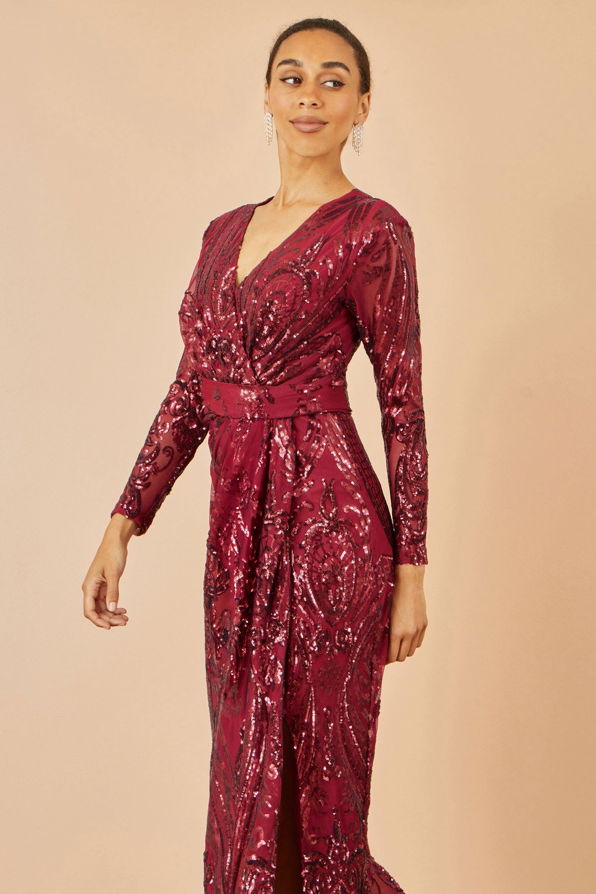 Yumi Red Sequin Midi Long Sleeved Wrap Dress