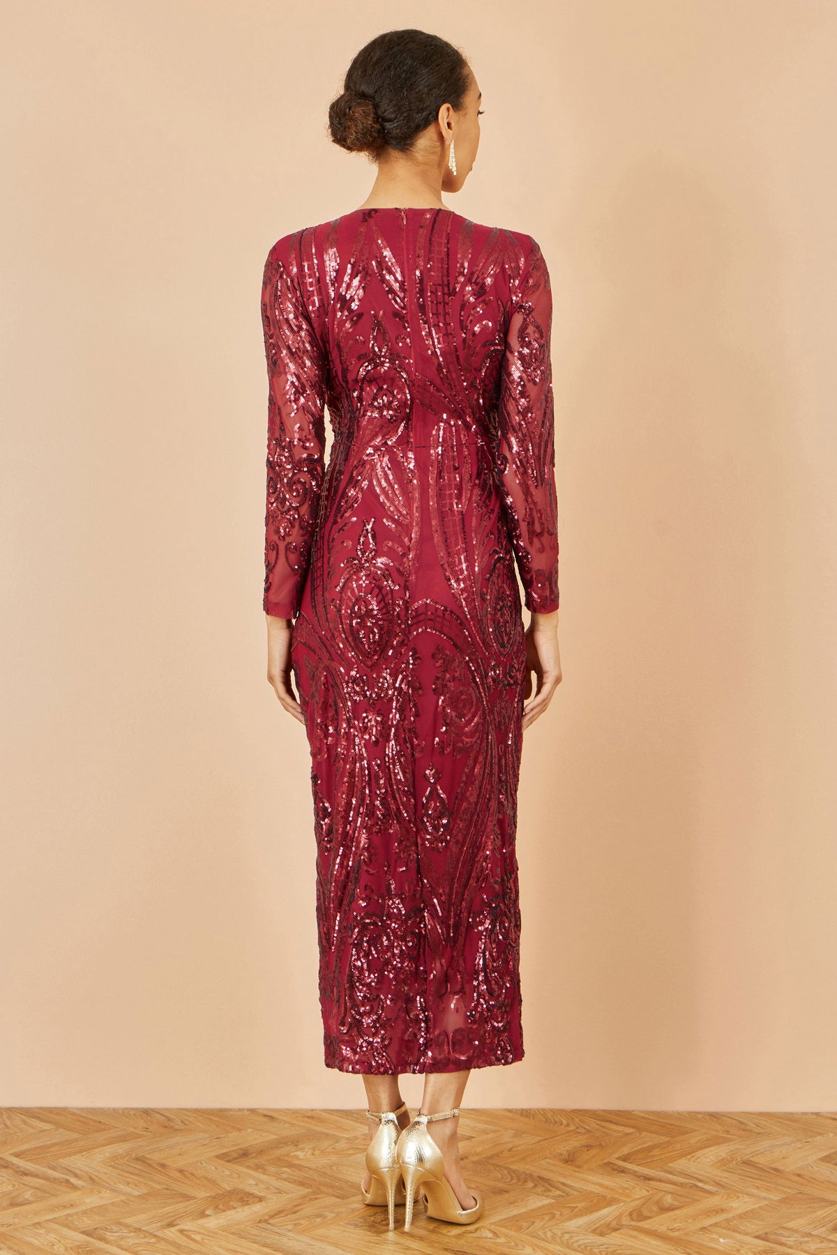 Yumi Red Sequin Midi Long Sleeved Wrap Dress