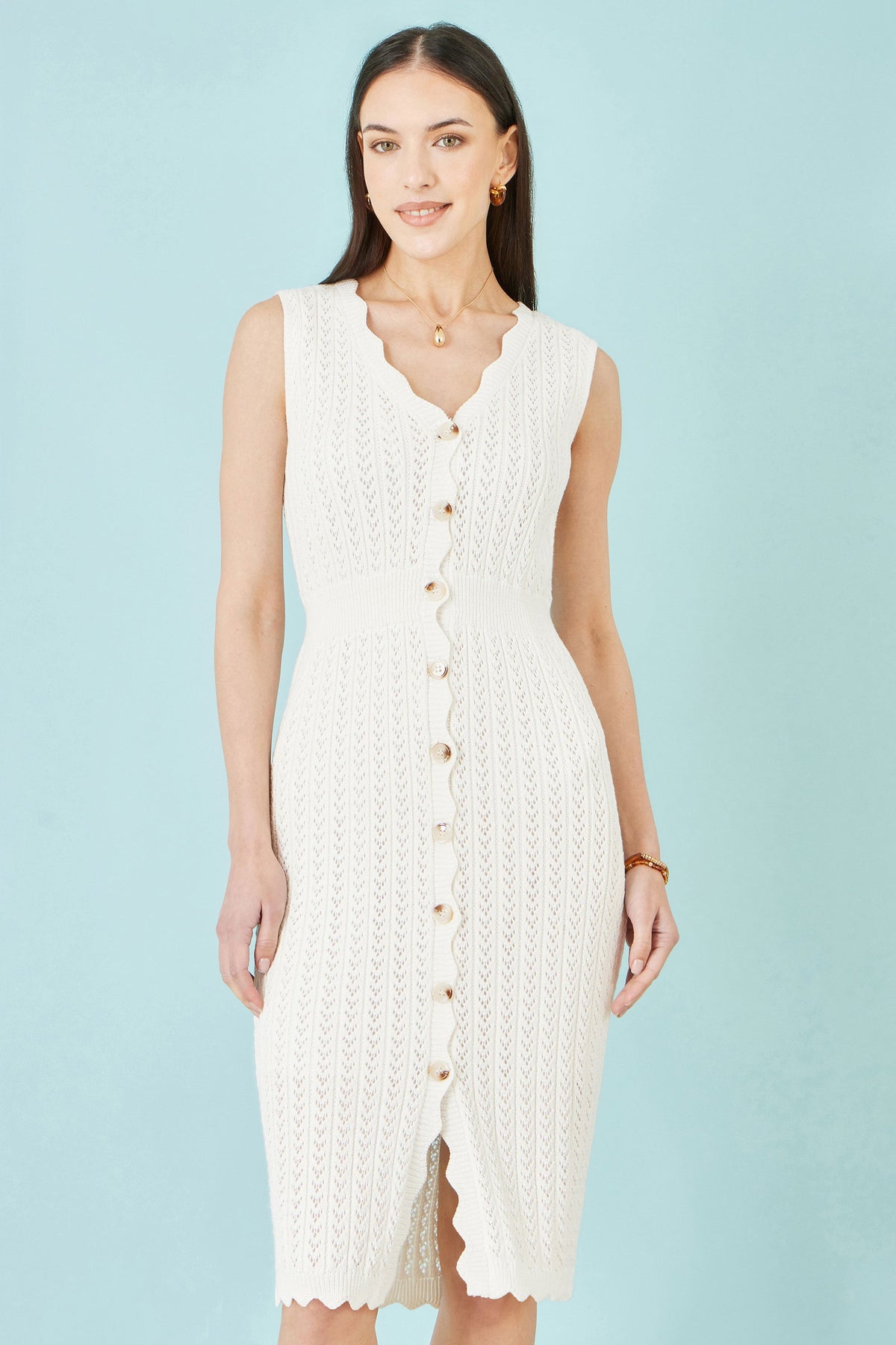 Yumi Ivory Cotton Scallop Crochet Knitted Dress