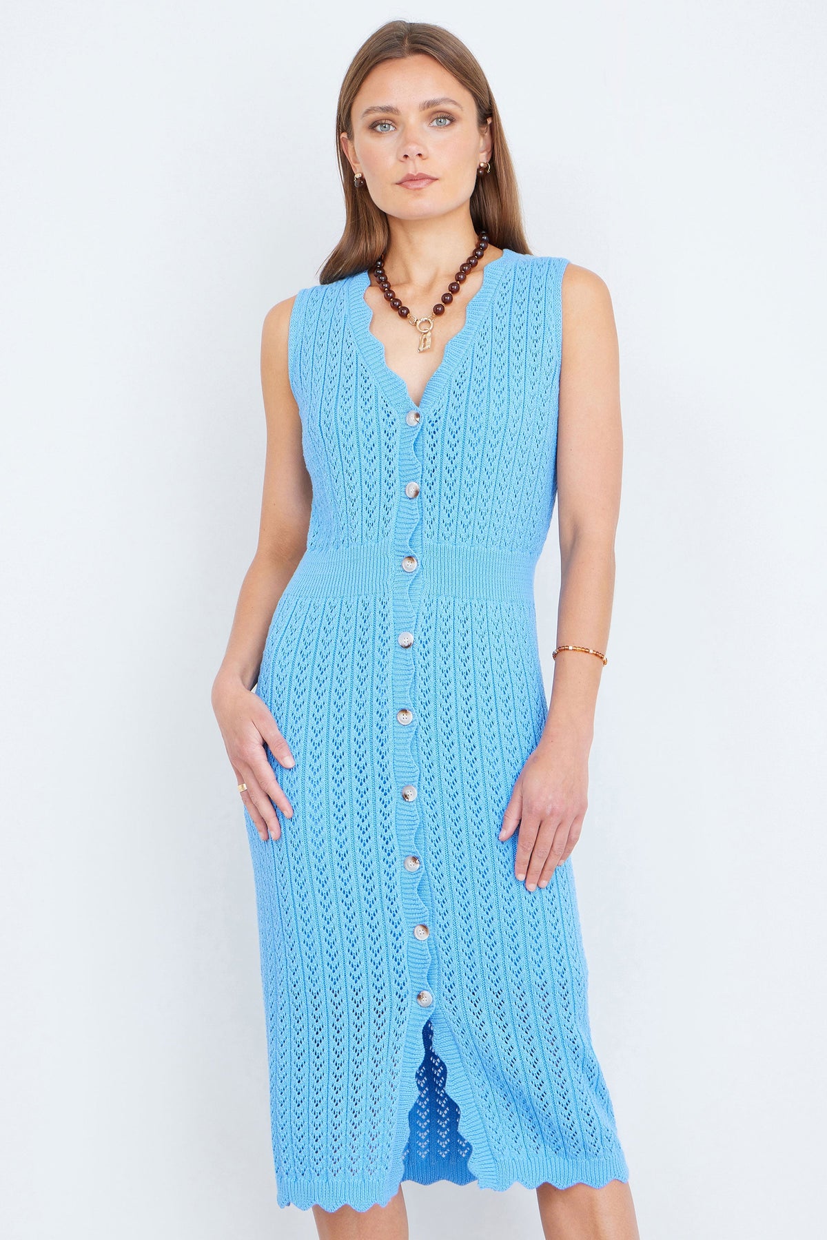 Yumi Blue Scallop Edge Crochet Knitted Midi Dress