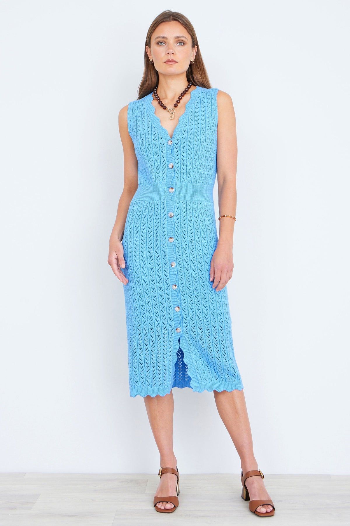 Yumi Blue Scallop Edge Crochet Knitted Midi Dress