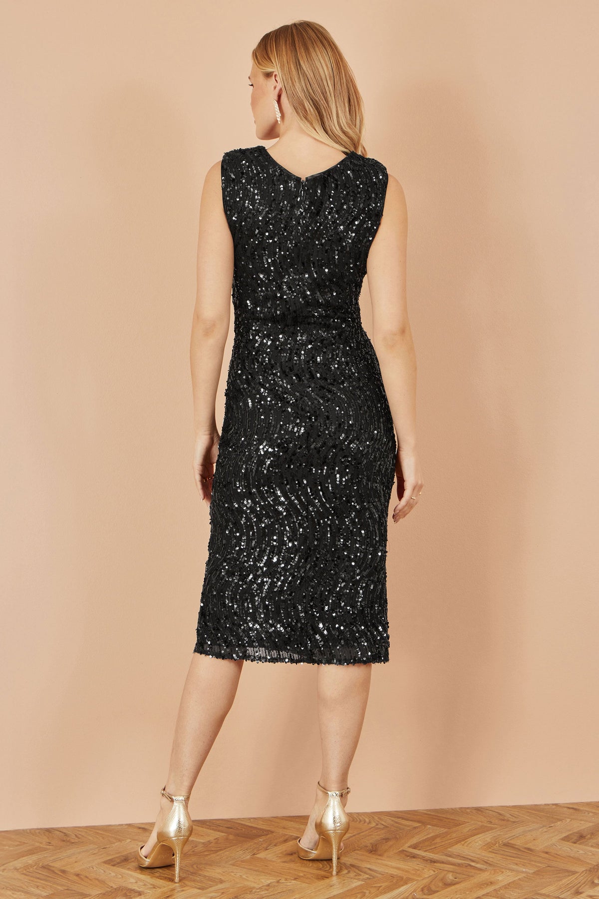 Yumi Black Sequin Fitted Wrap Dress With Split Hem