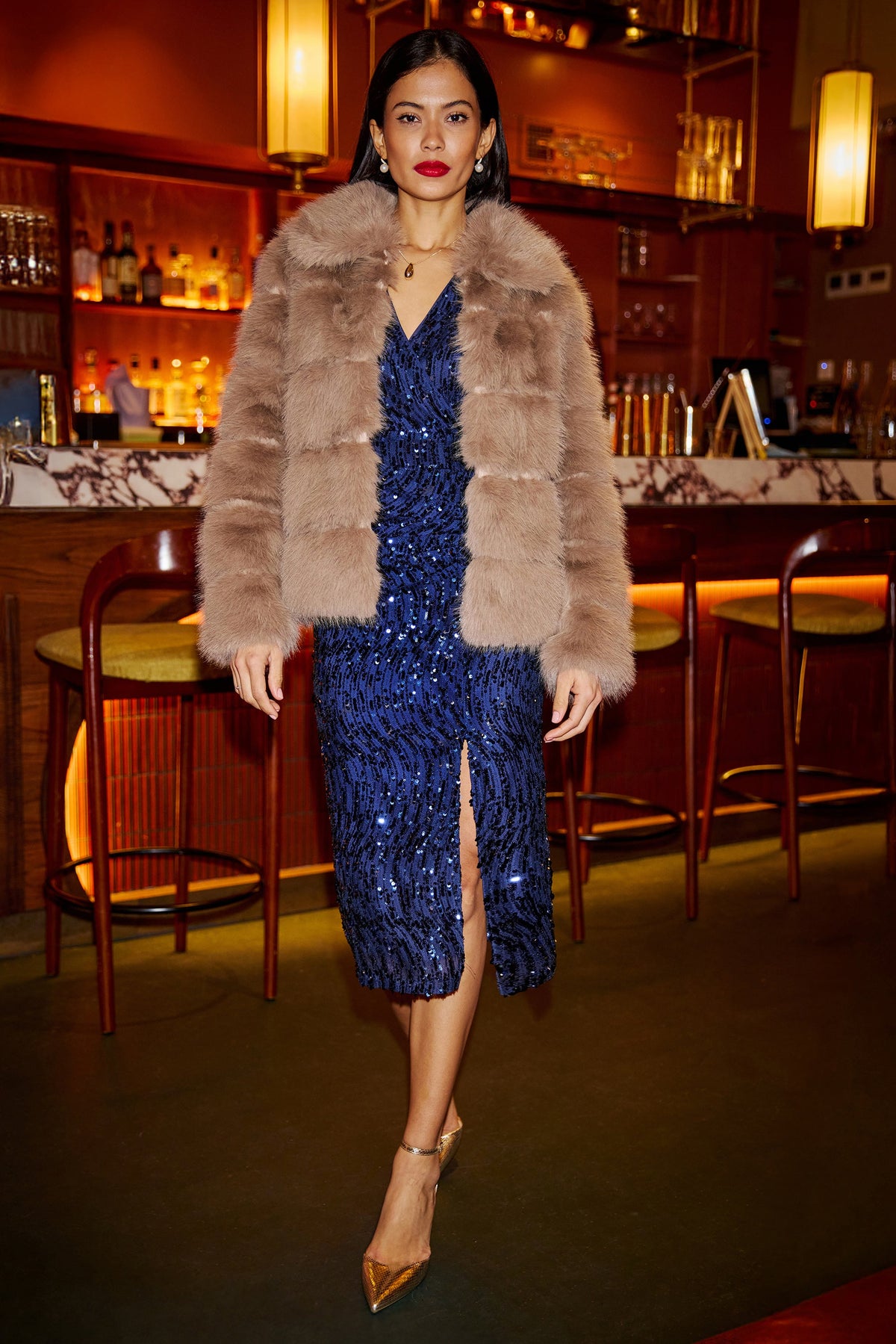 Yumi Navy Sequin Fitted Wrap Dress With Split Hem