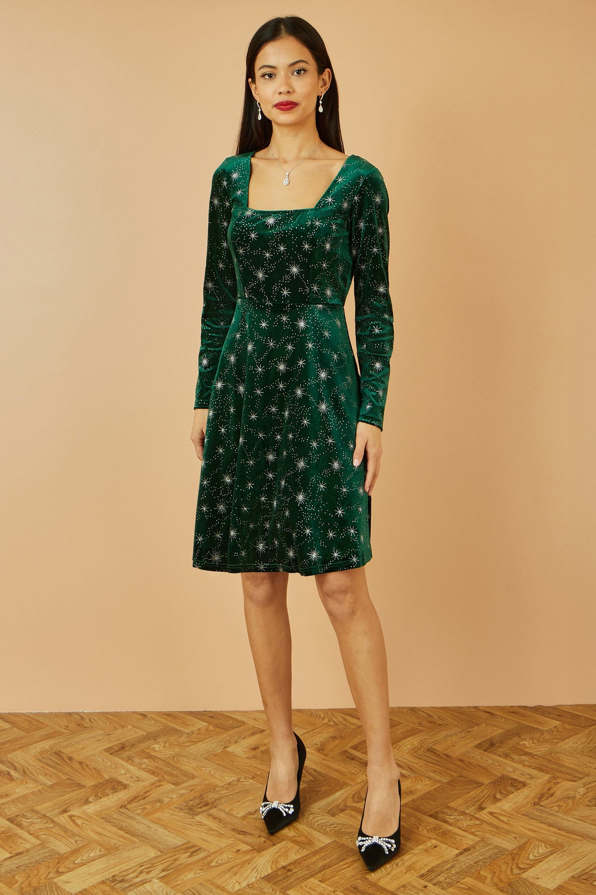 Yumi Green Starburst Foil Print Long Sleeve Skater Dress