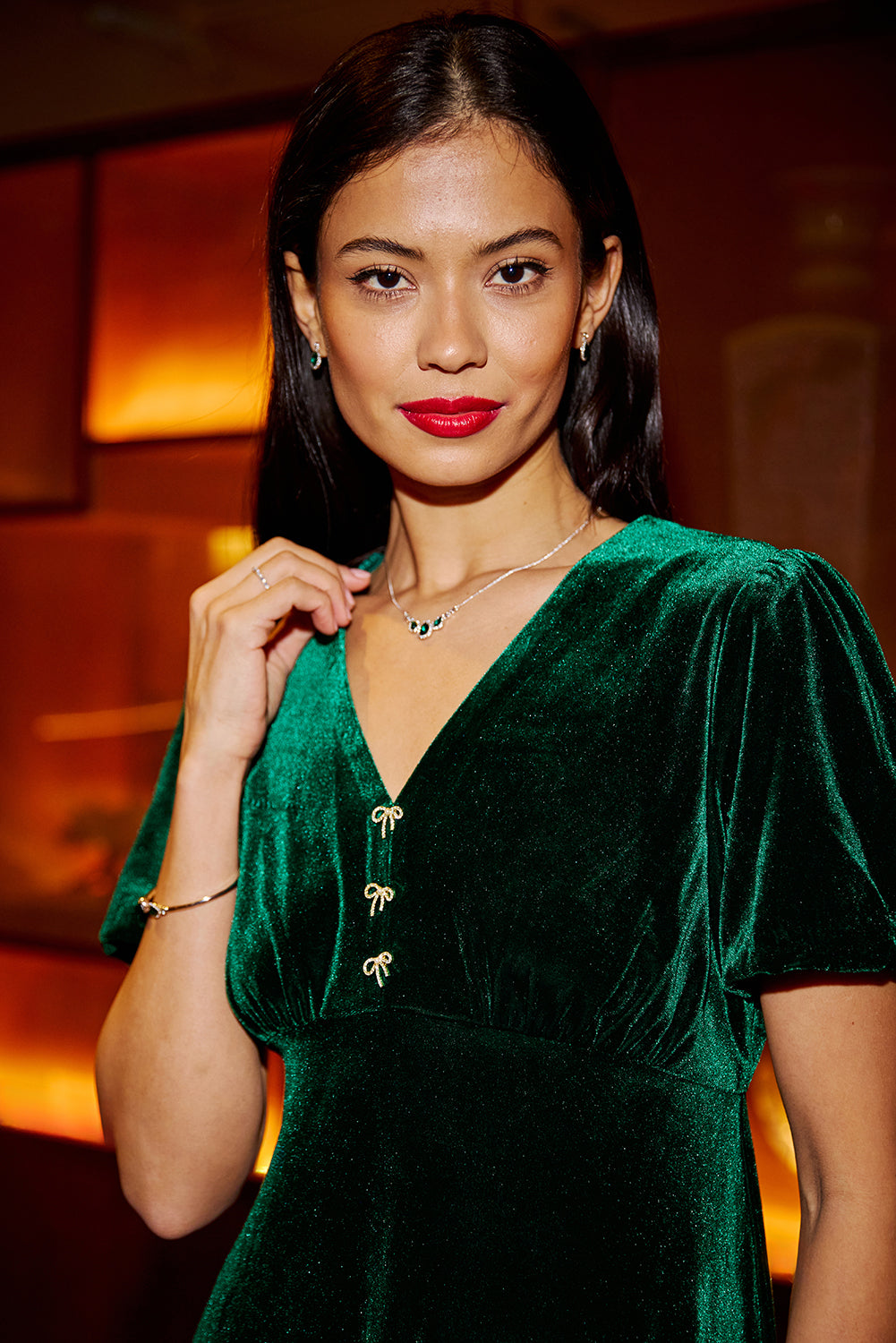 Yumi Green Velvet Skater Dress With Diamante Bow Detail