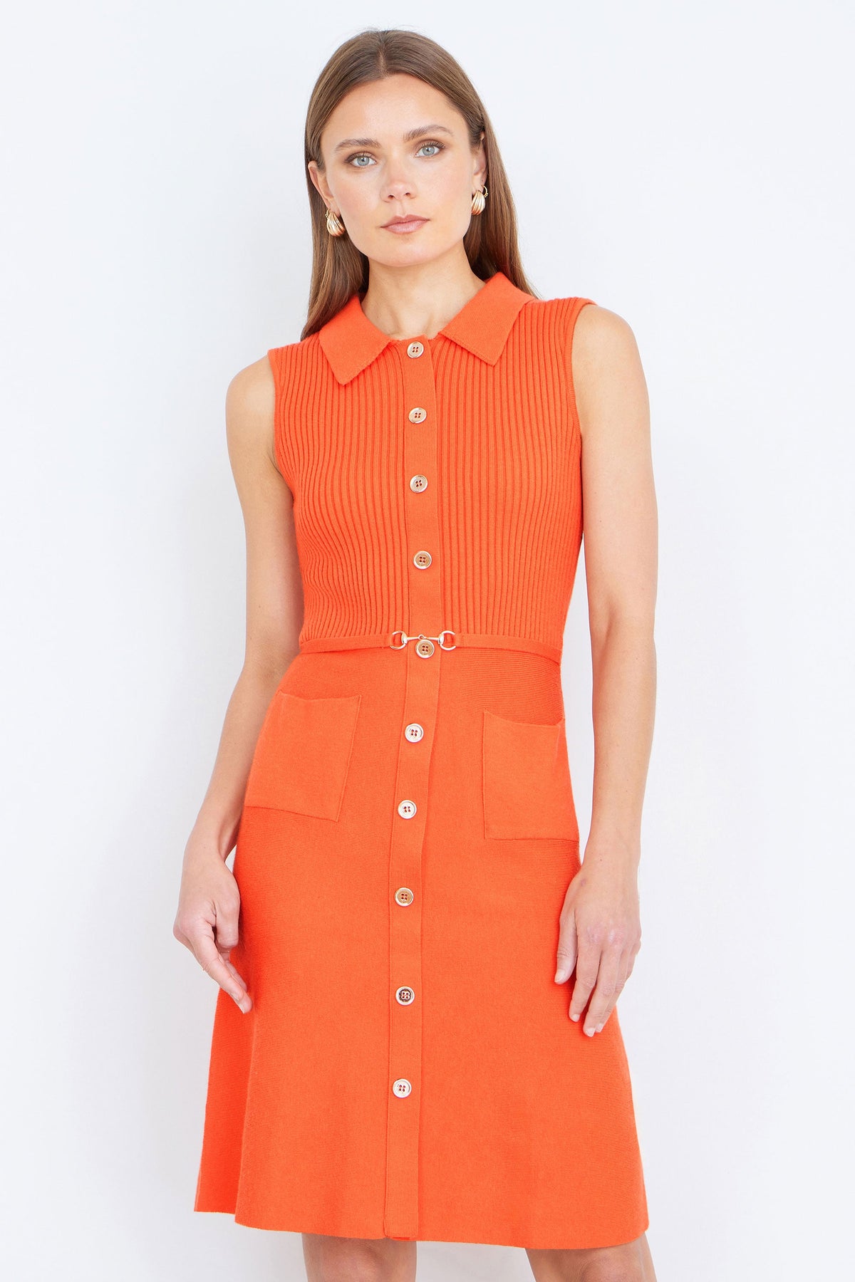 Yumi Orange Rib Knitted Skater Dress With Buckle Detail