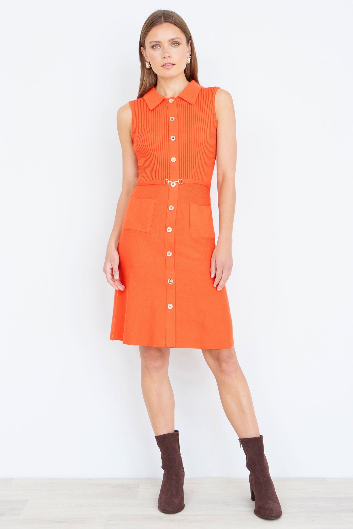 orange sleeveless skater dress Yumi Orange Rib Knitted Skater Dress With Buckle Detail Love My Apparel