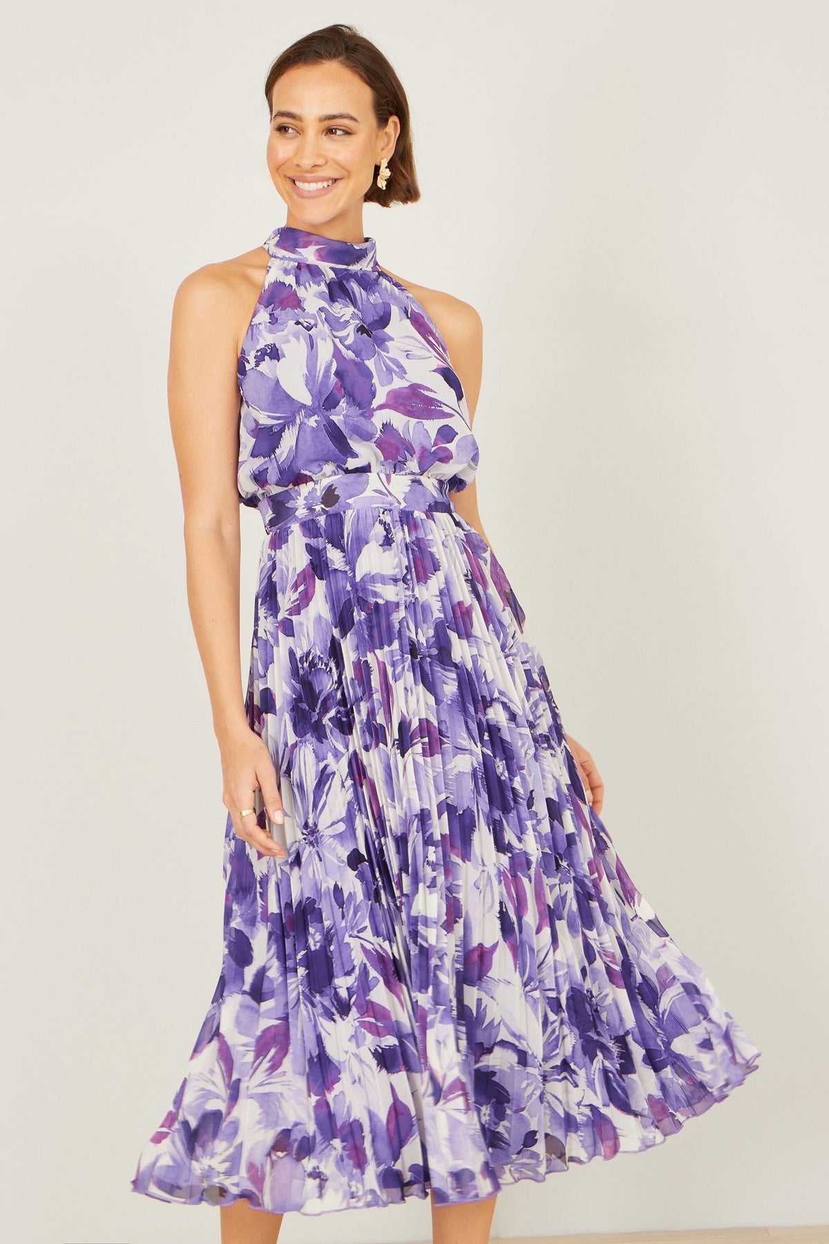 Yumi Purple Abstract Floral Halter Neck Pleated Midi Dress