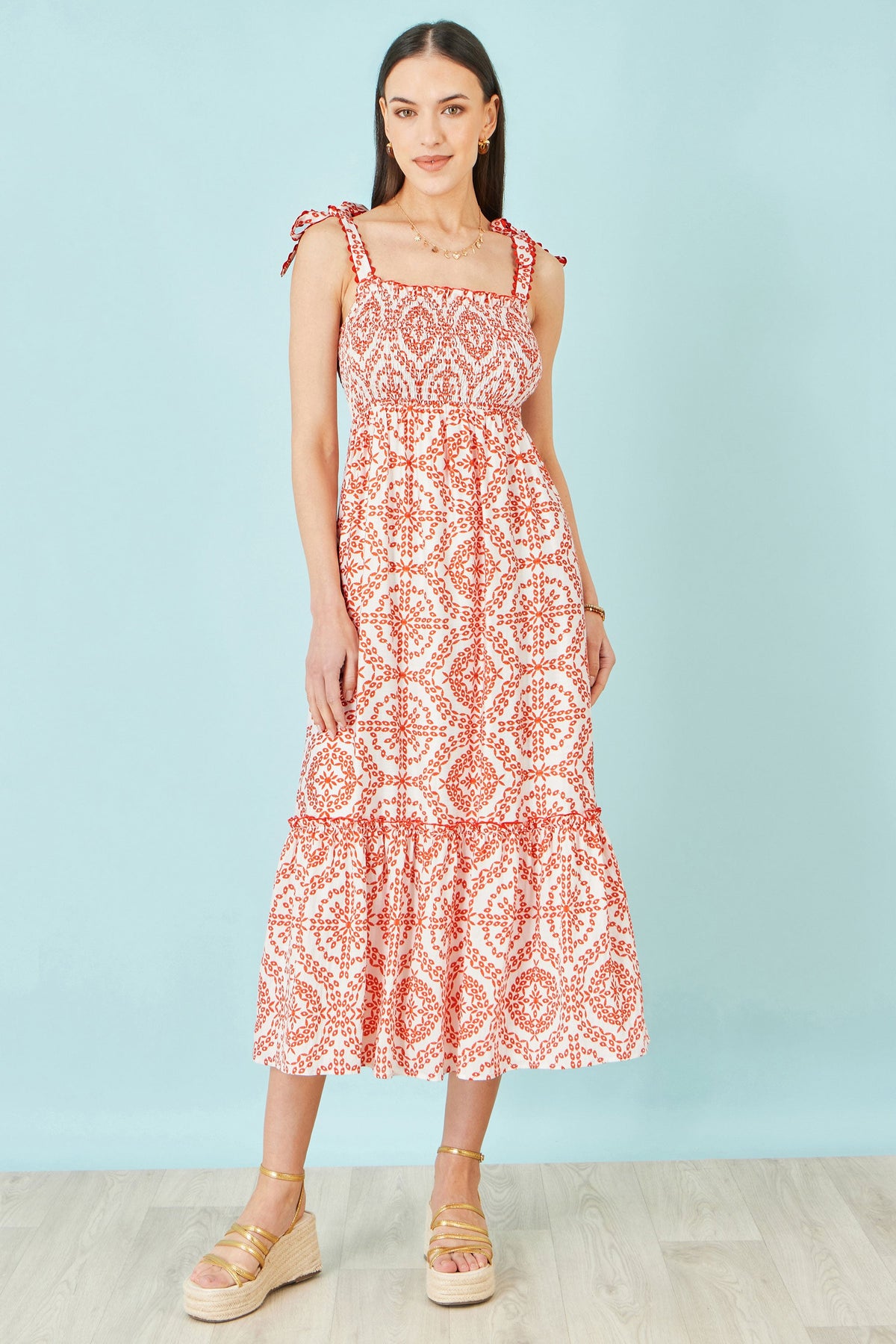 Yumi Red Viscose Ruched Tie Strap Midi Sun Dress
