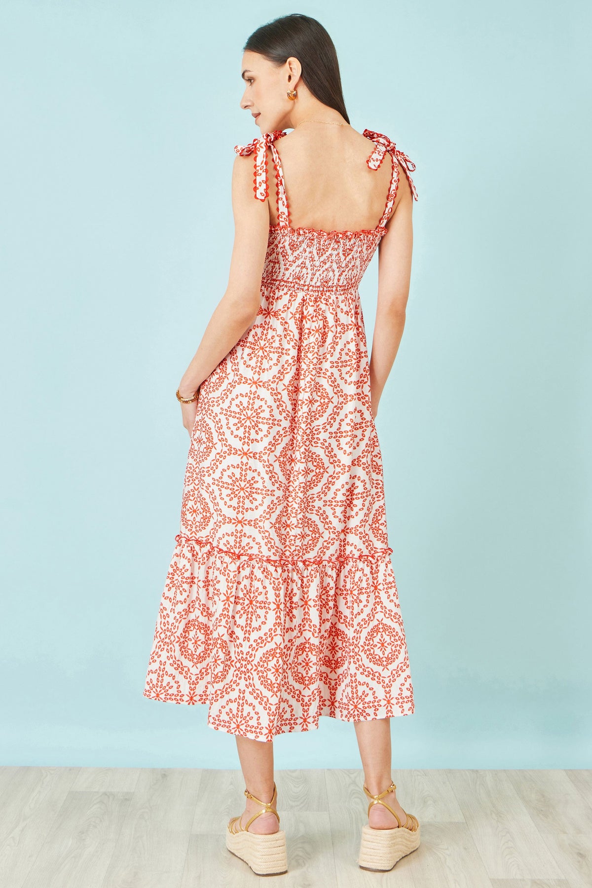 Yumi Red Viscose Ruched Tie Strap Midi Sun Dress