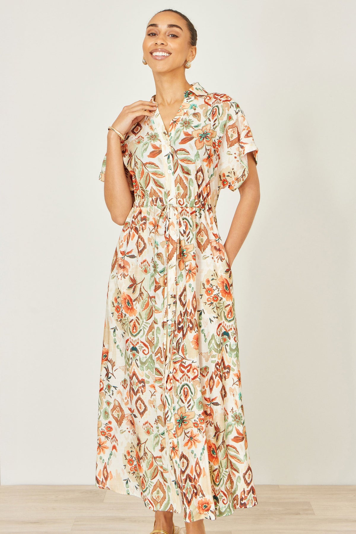 Yumi Ivory Viscose Relaxed Boho Print Maxi Shirt Dress