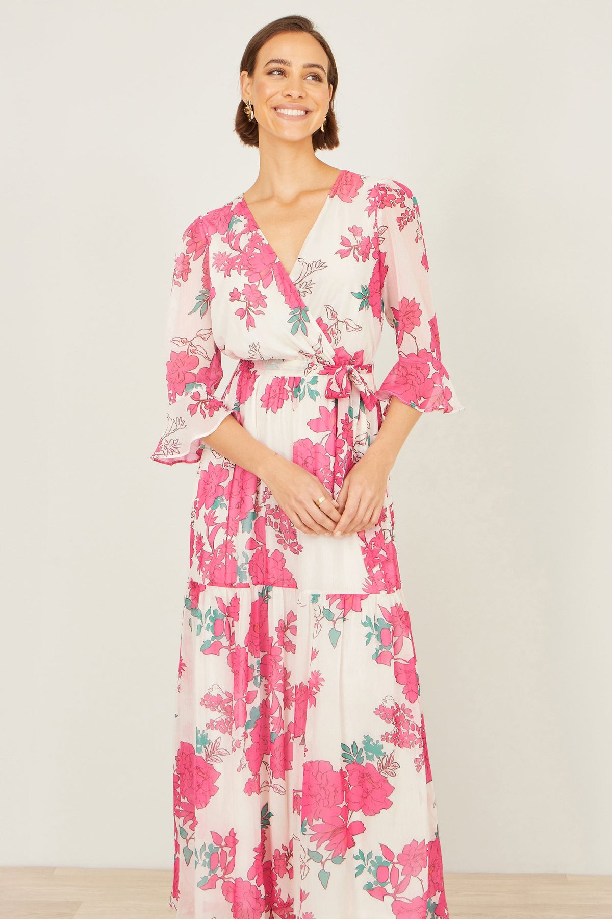 Yumi Pink Blossom Print Maxi Wrap Dress