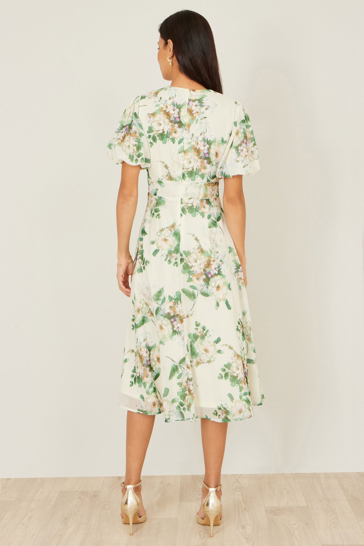Yumi Ivory Floral Tea Dress With Front Ties