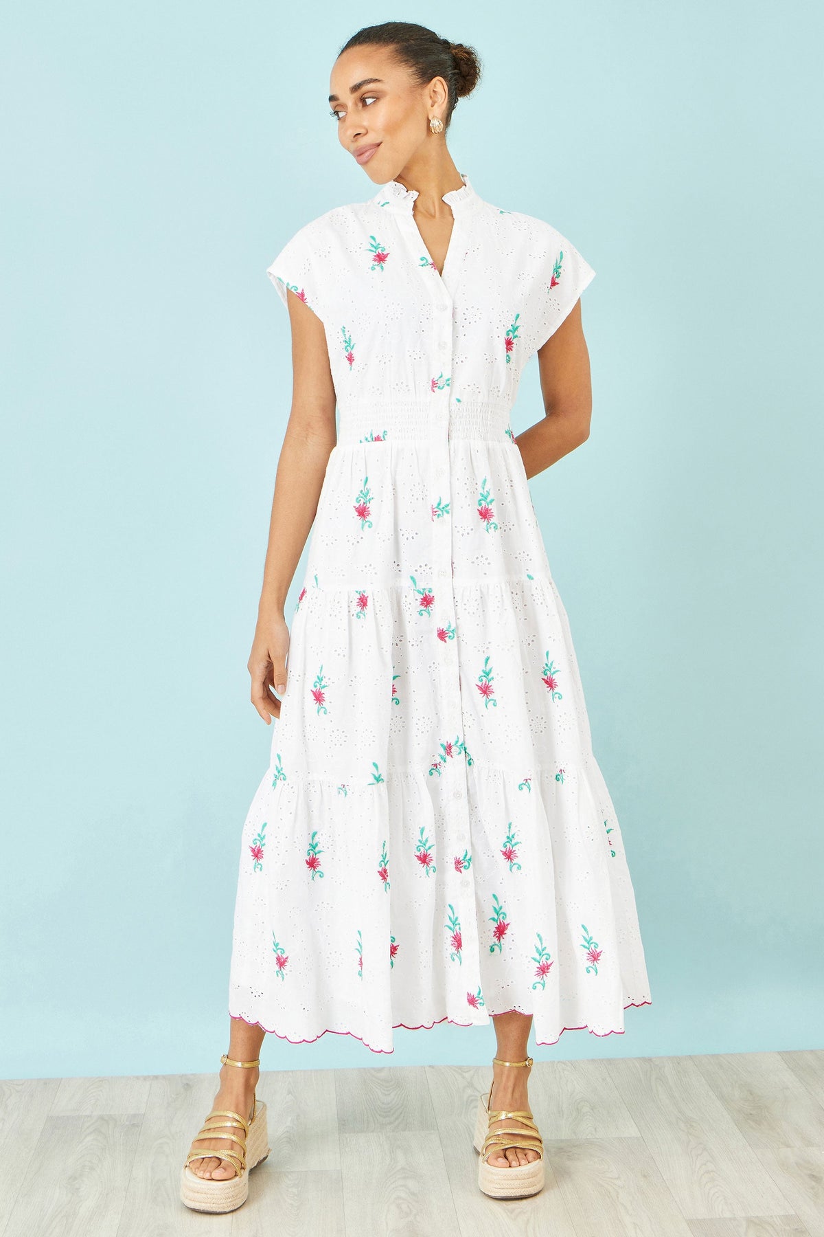 white cotton broderie anglaise midi dress Self-Portrait - White Cotton Broderie Midi Dress