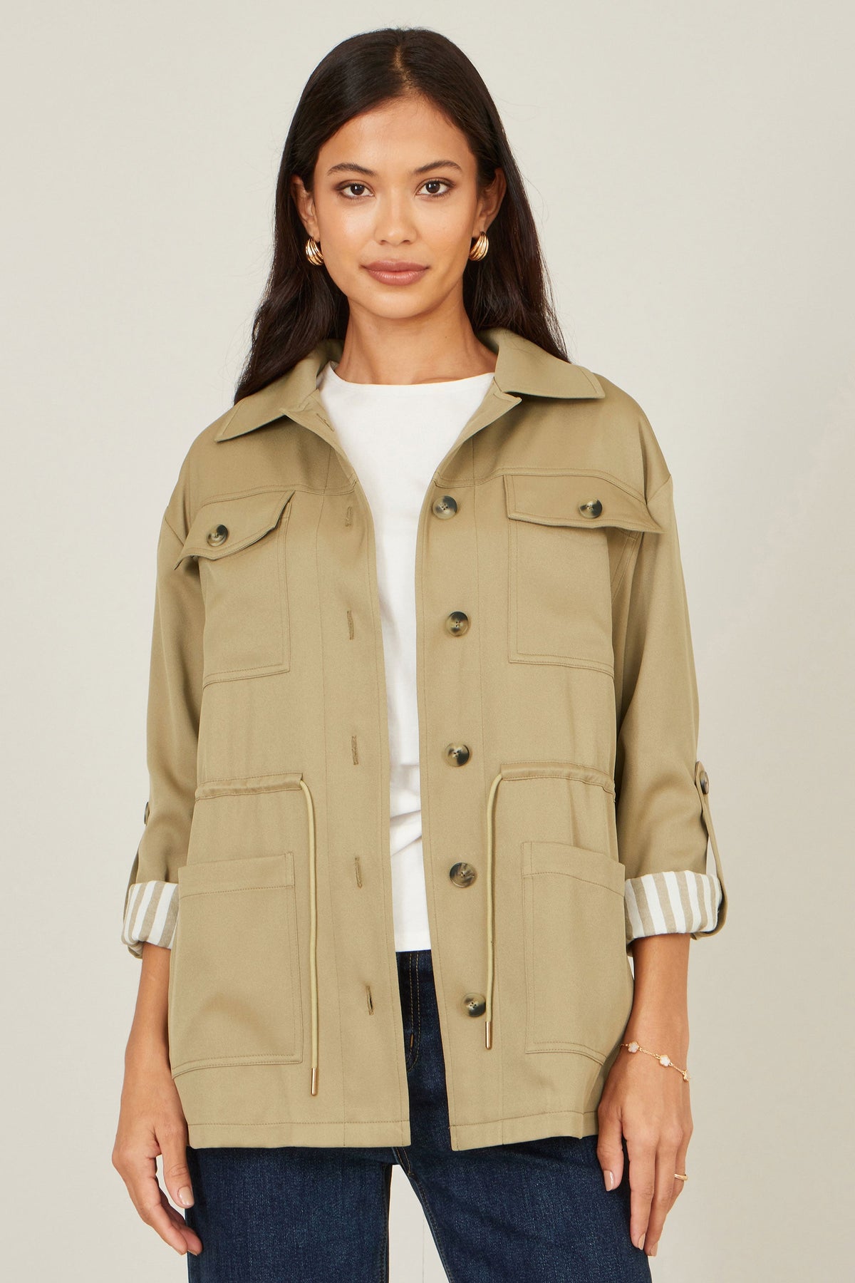 Yumi Green Utility Jacket With Drawstring Waist and Stripe Lining