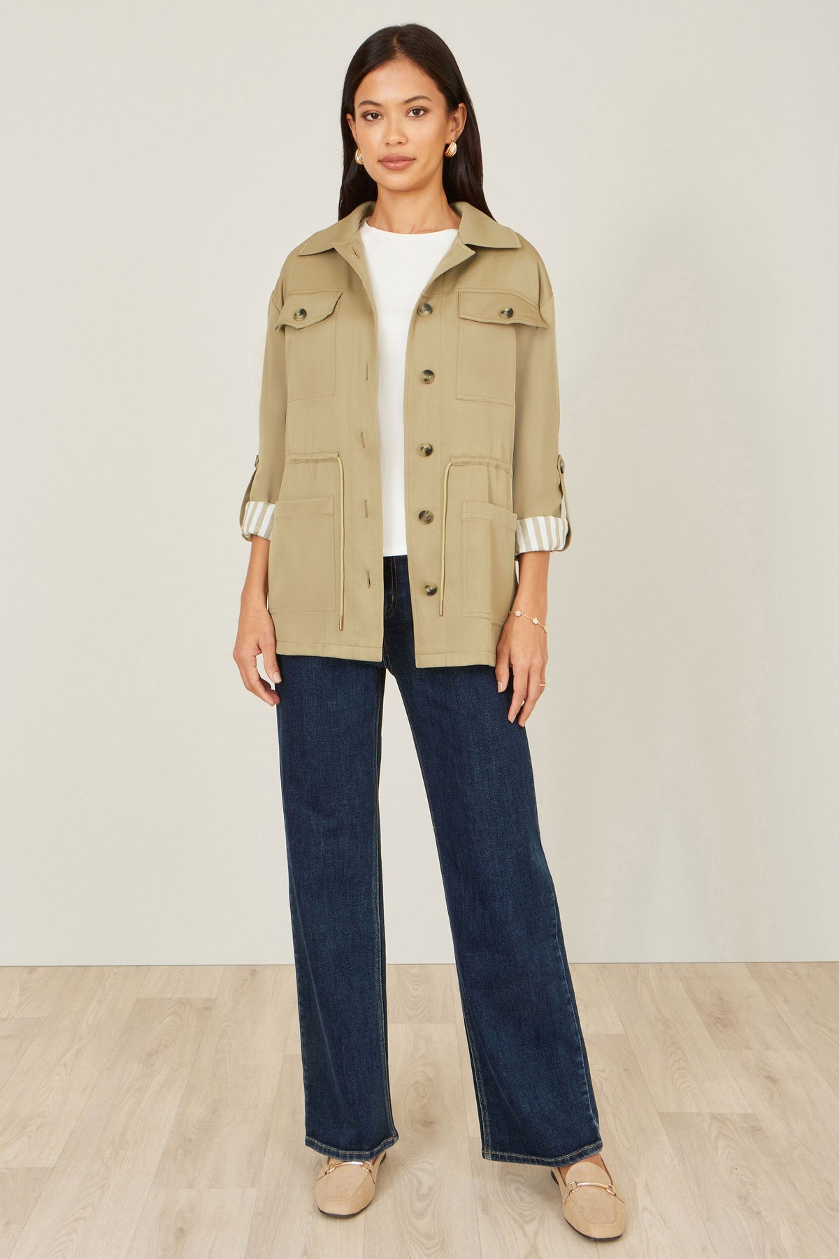 Yumi Green Utility Jacket With Drawstring Waist and Stripe Lining