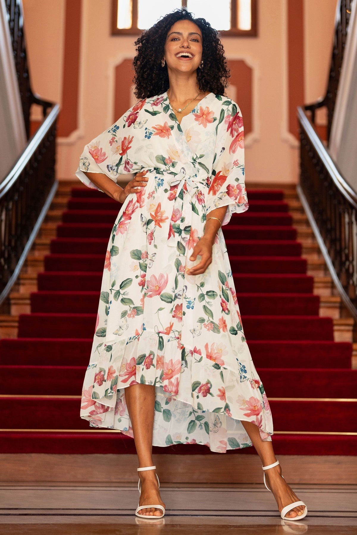 Yumi Ivory Floral Print Wrap Midi Dress With Dipped Hem