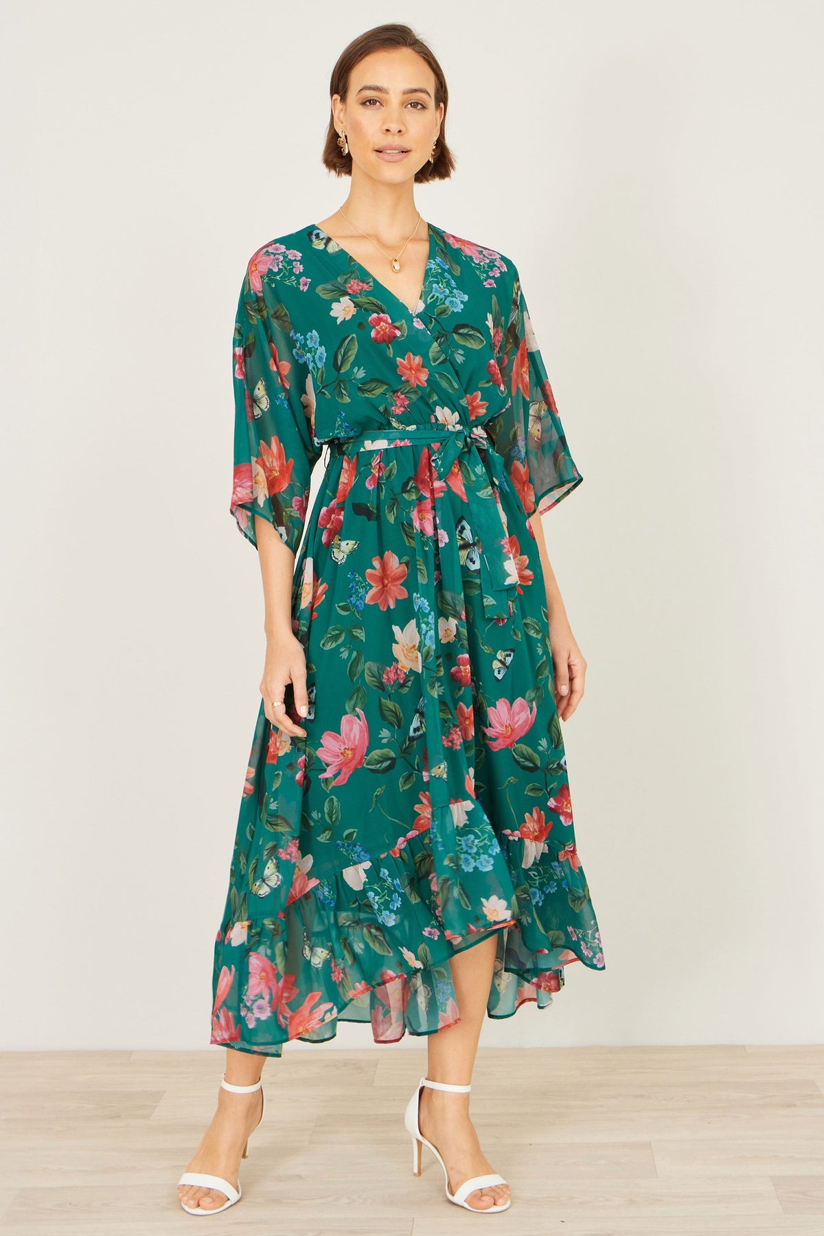 Yumi Green Floral Kimono Wrap Dress With Dip Hem