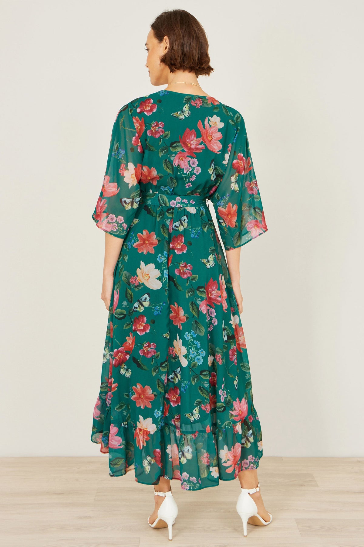 Yumi Green Floral Kimono Wrap Dress With Dip Hem