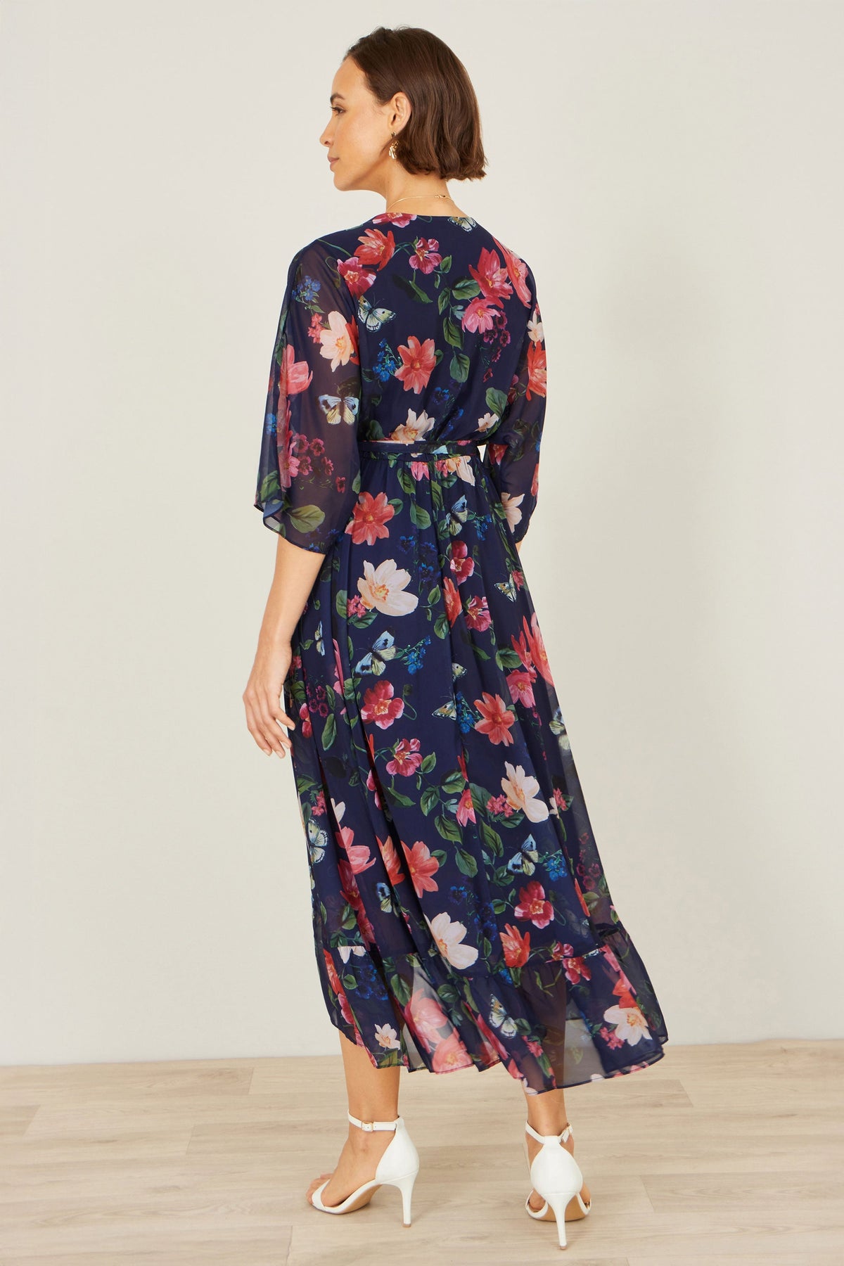 Yumi Navy Floral Kimono Wrap Dress With Dip Hem