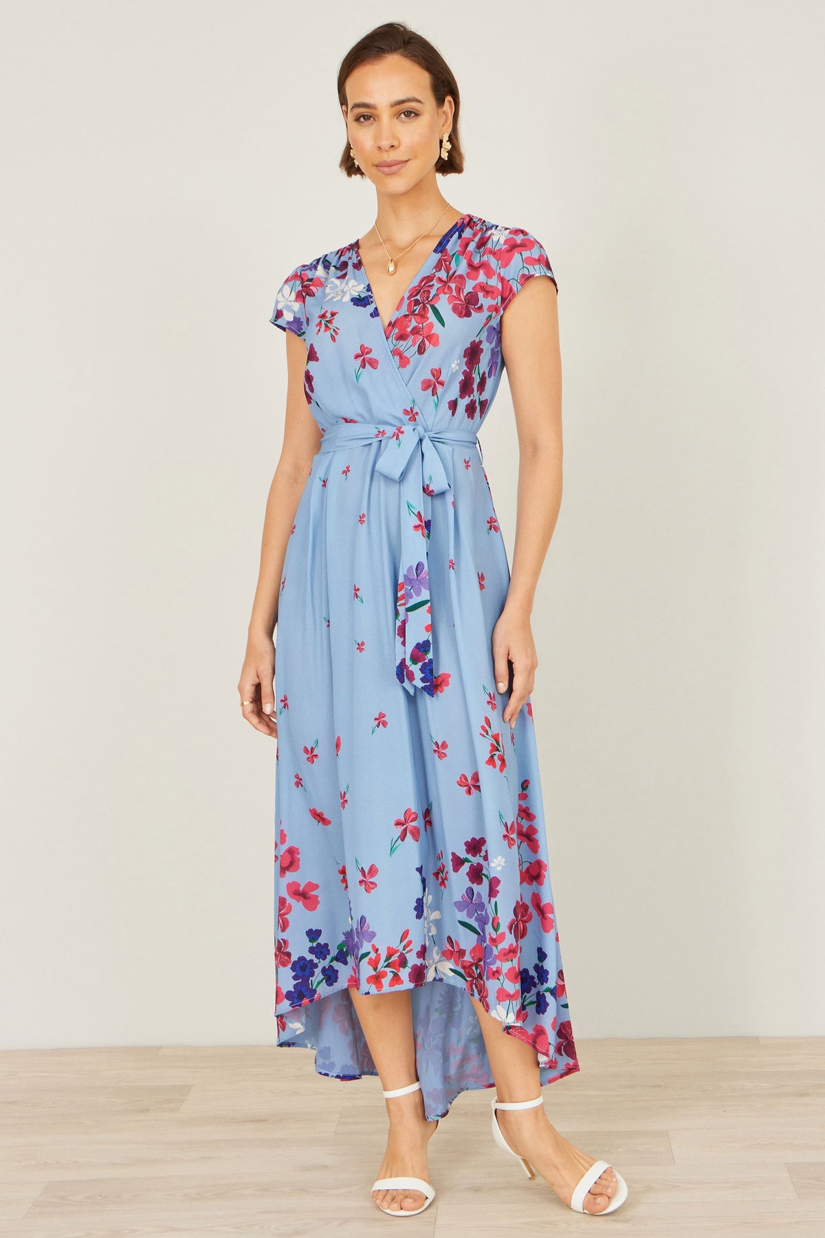 Yumi Blue Floral Mirror Wrap High Low Midi Wrap Dress
