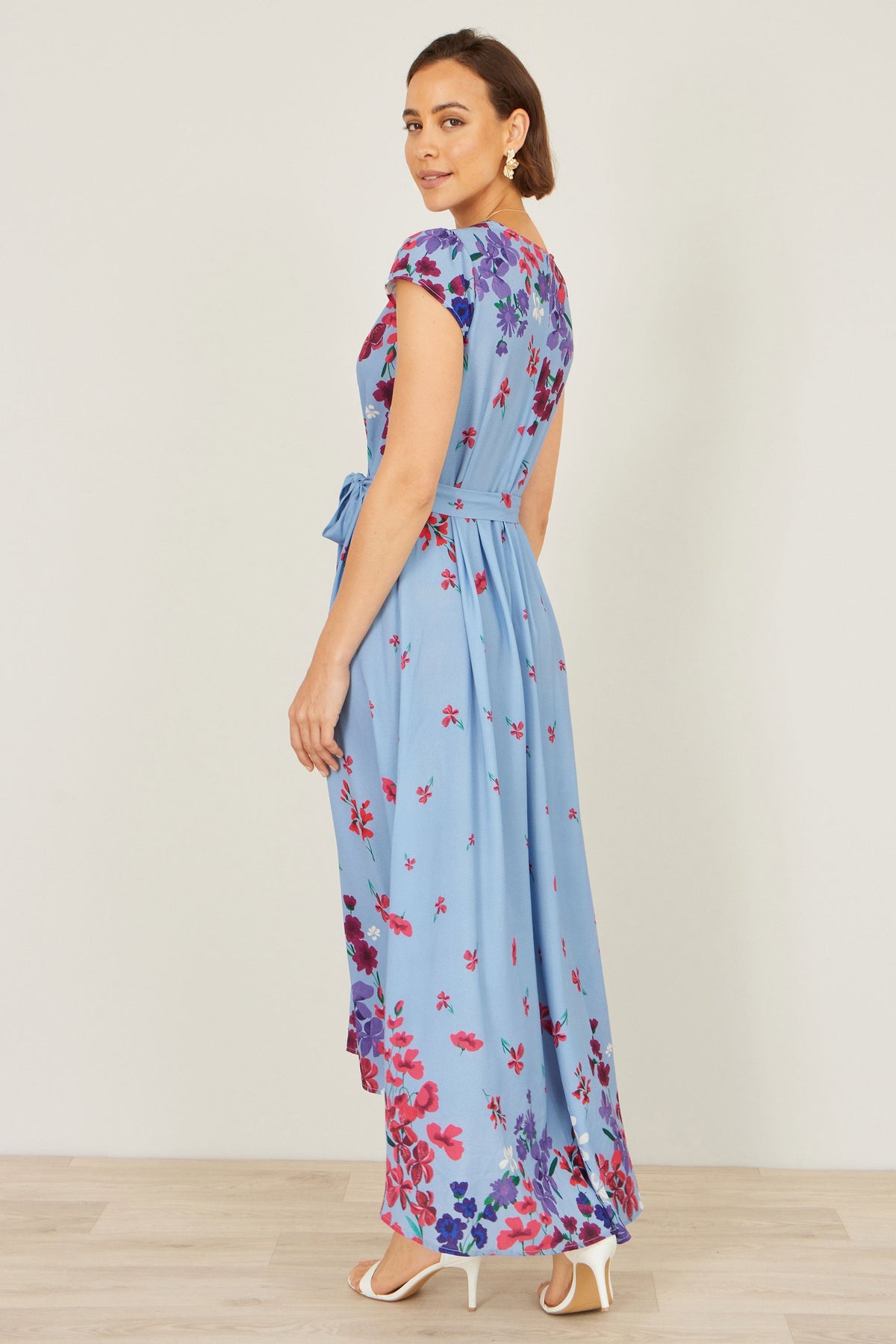 Yumi Blue Floral Mirror Wrap High Low Midi Wrap Dress