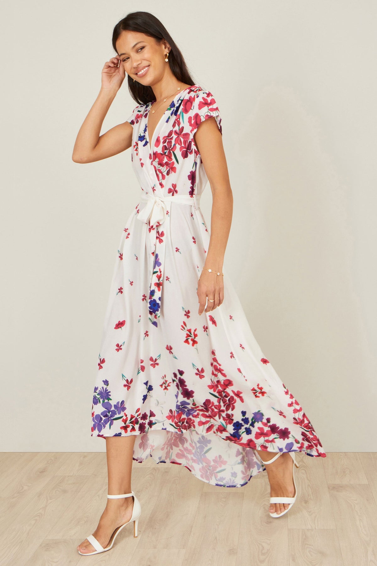 Yumi Ivory Floral Mirror Wrap Dress With Dip Hem