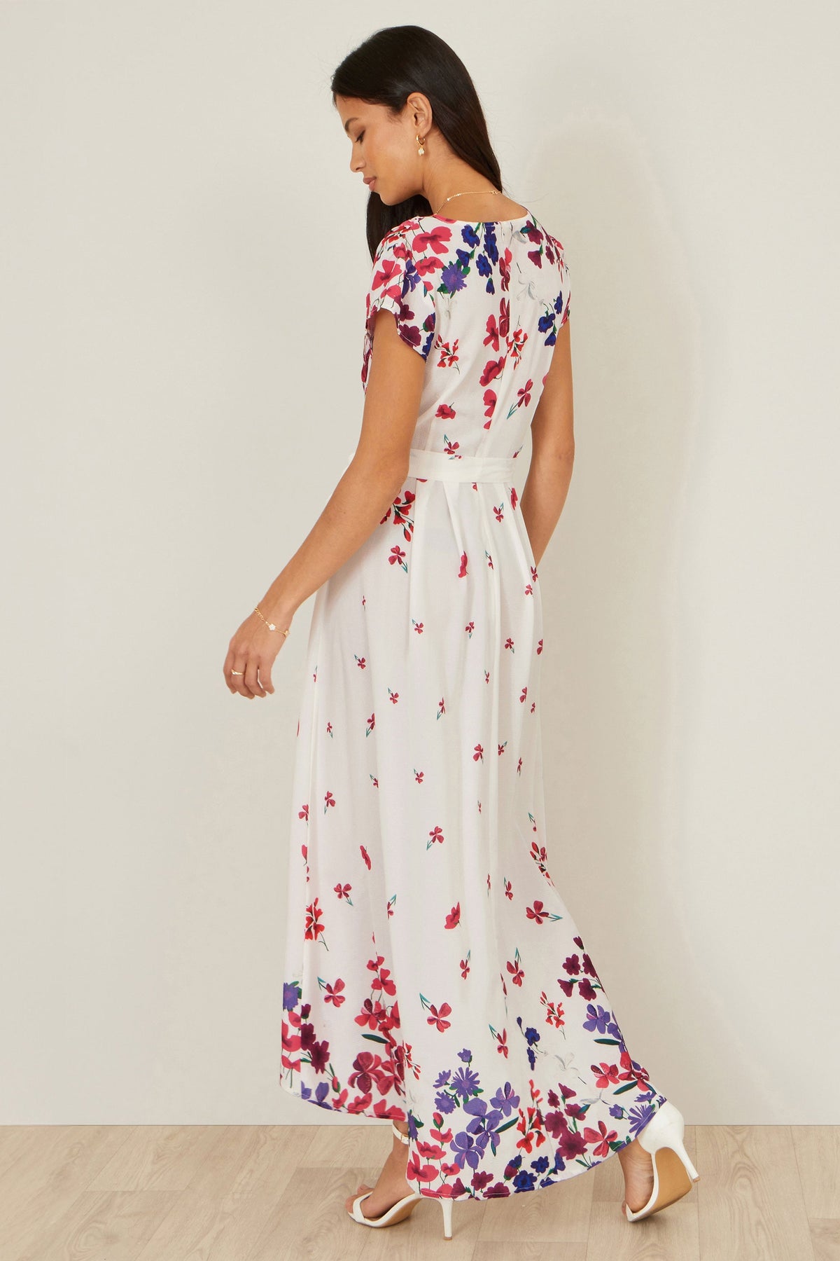 Yumi Ivory Floral Mirror Wrap Dress With Dip Hem
