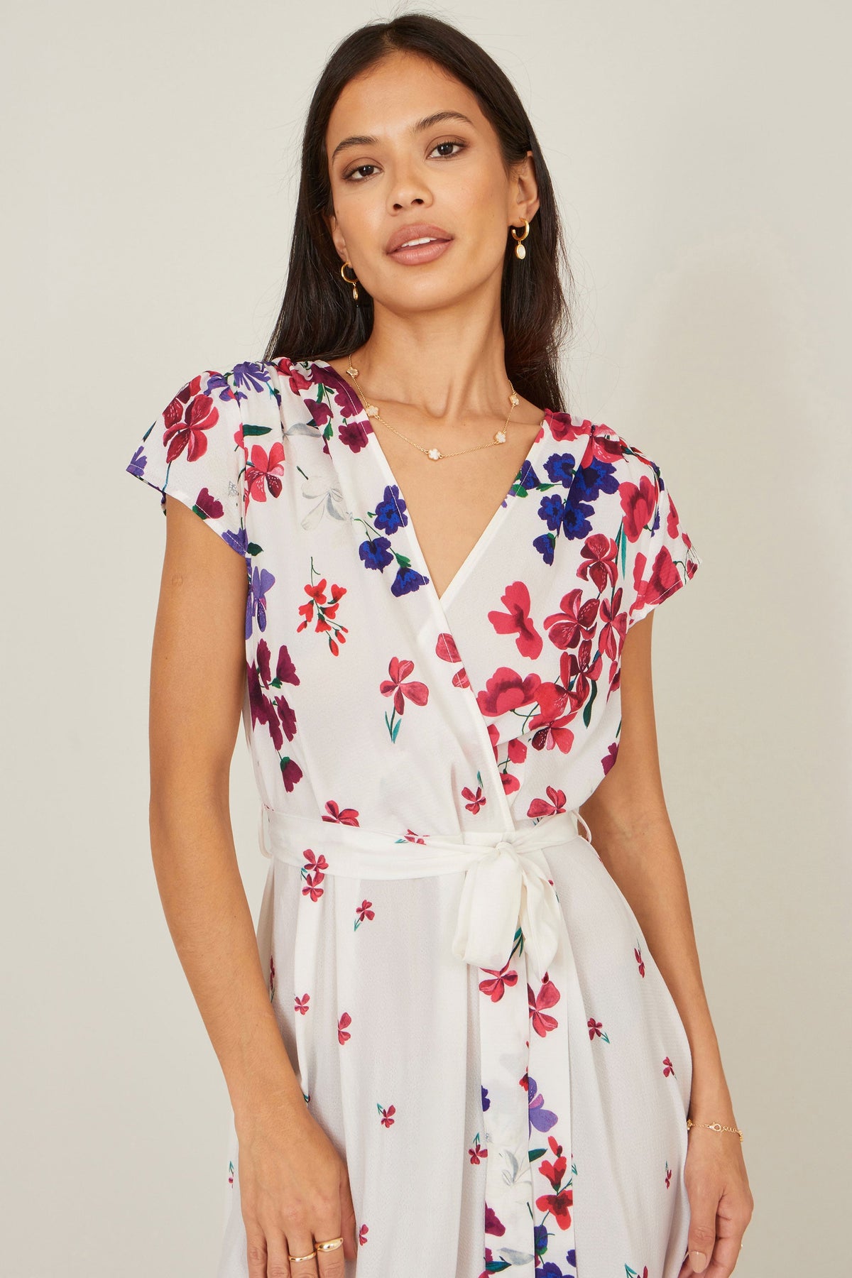 Yumi Ivory Floral Mirror Wrap Dress With Dip Hem