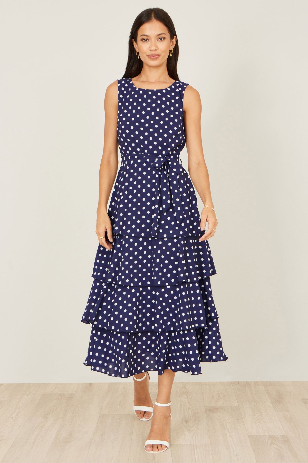 Yumi Navy Spot Tiered Midi Dress