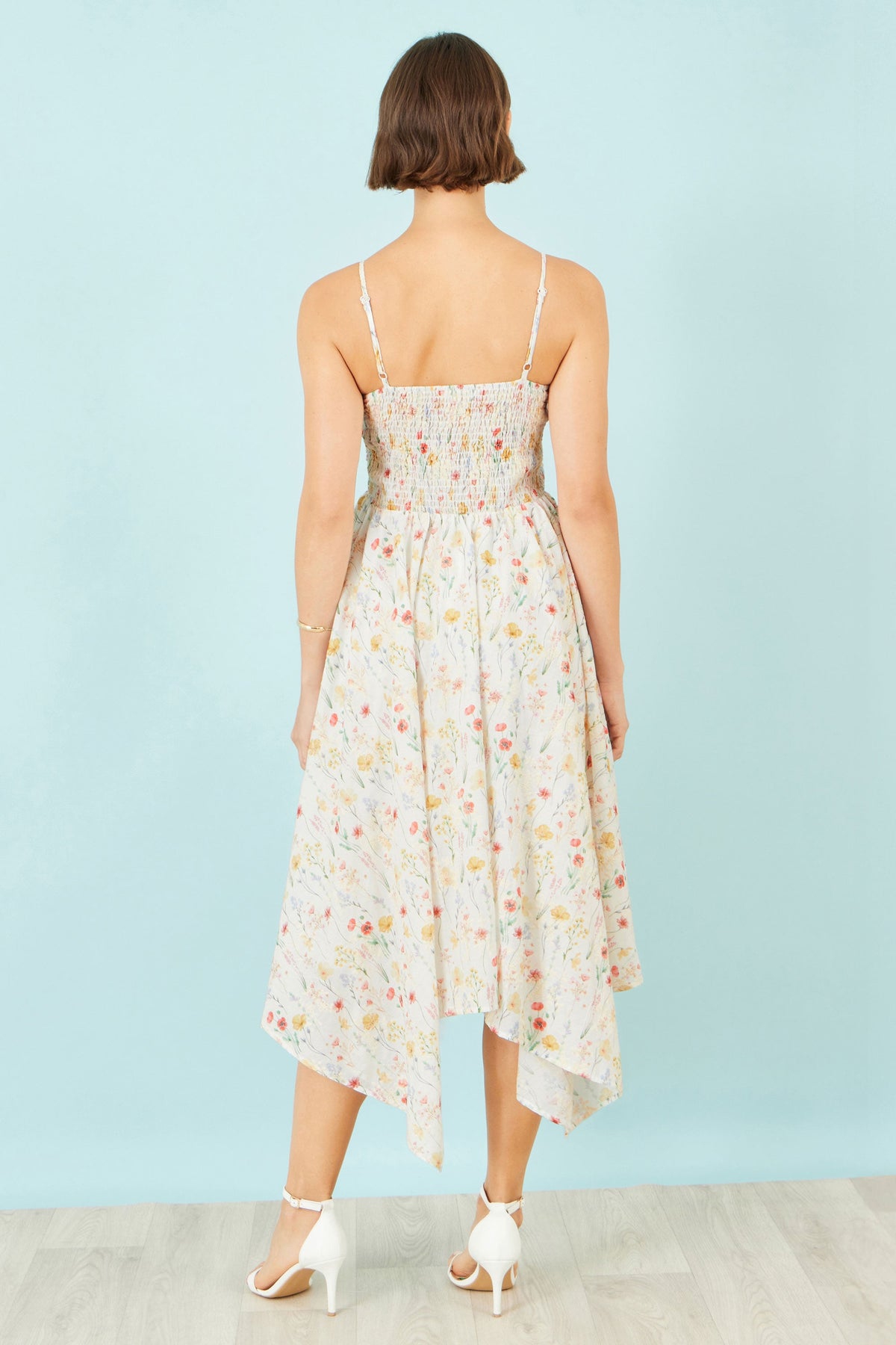 Yumi White Botanical Embroidery Fabric Handkerchief Hem Dress