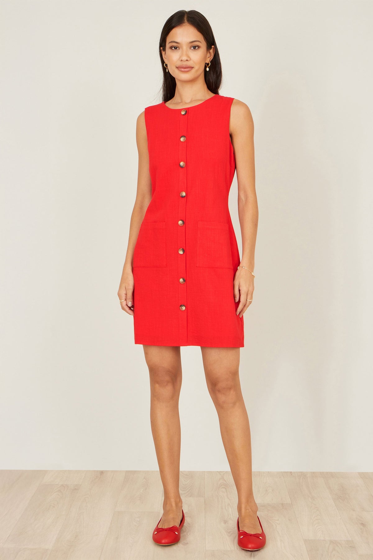 Yumi Red Viscose Button Detail Shift Dress