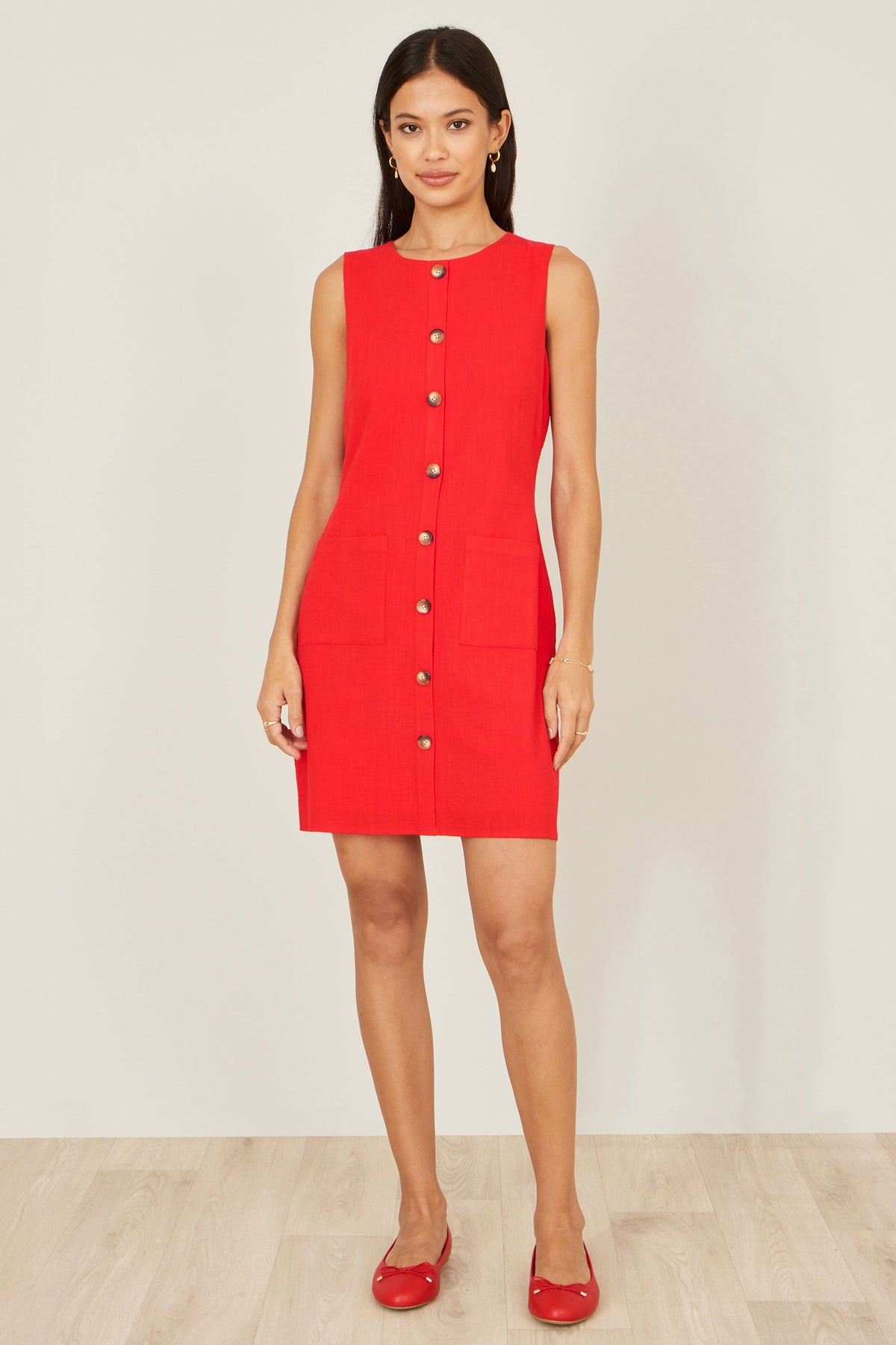 Yumi Red Viscose Button Detail Shift Dress