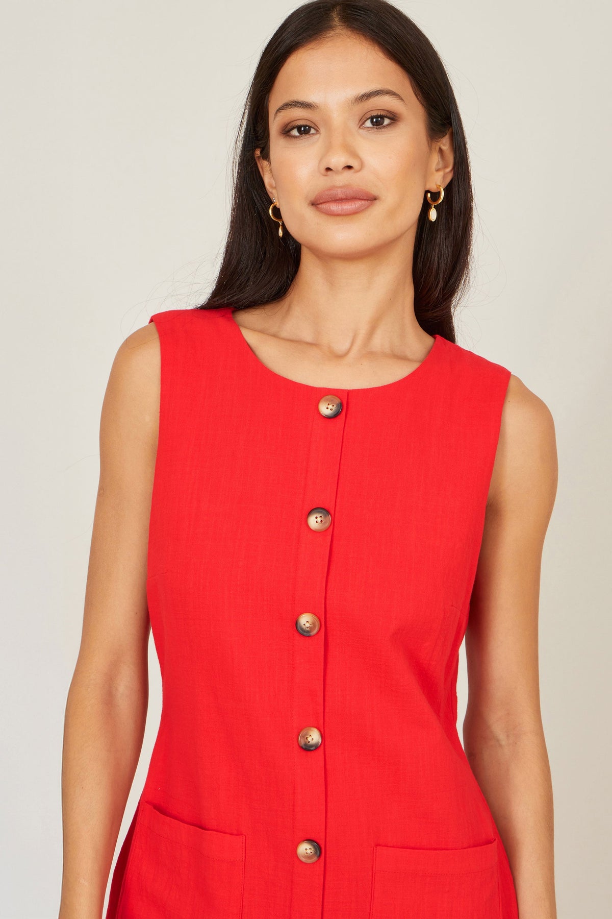 Yumi Red Viscose Button Detail Shift Dress