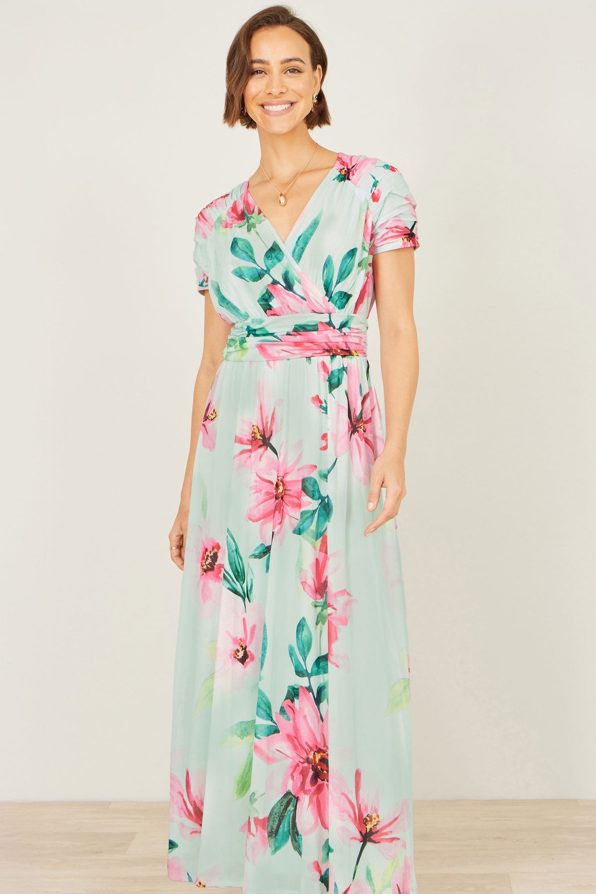 Yumi Mint Mesh Floral Maxi Dress