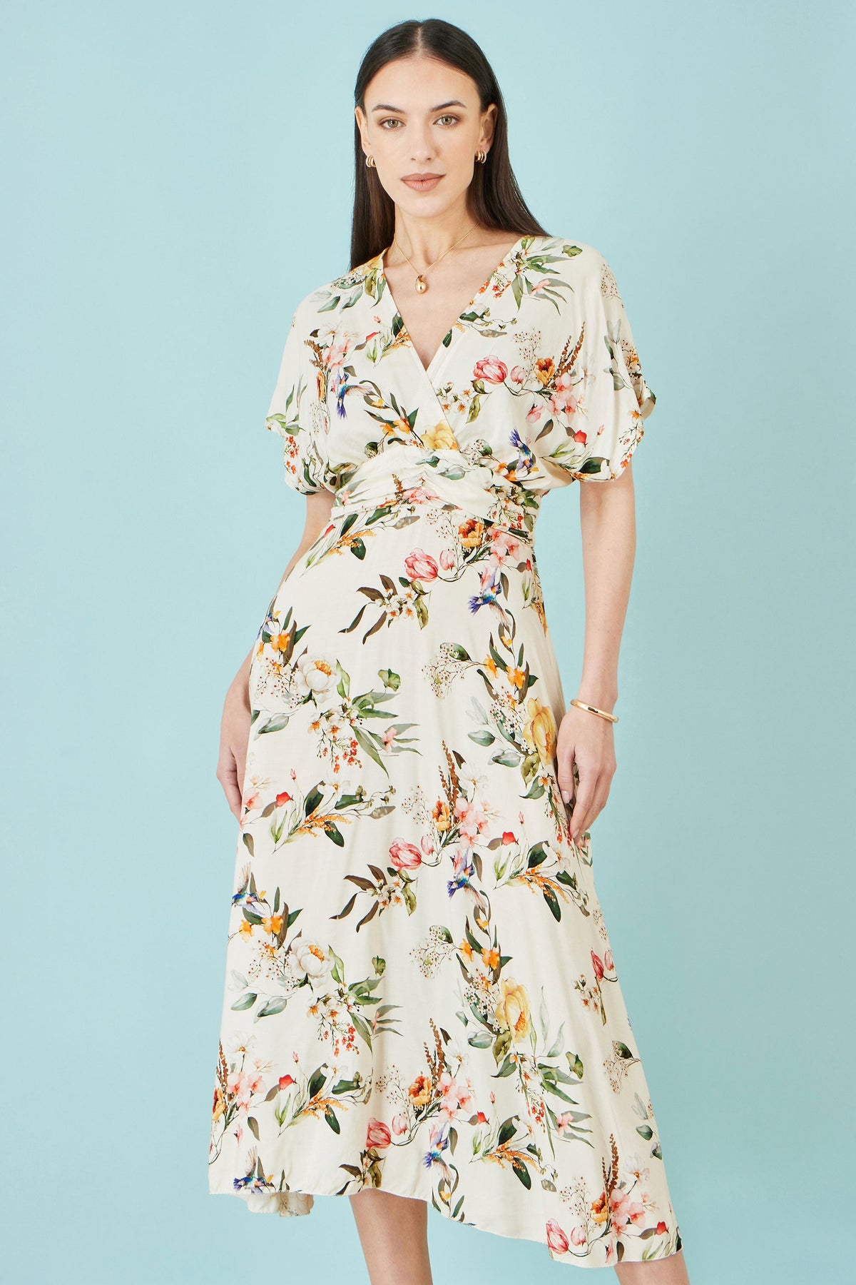 Yumi Ivory Viscose Floral Print Midi Dress With Ruched Waist