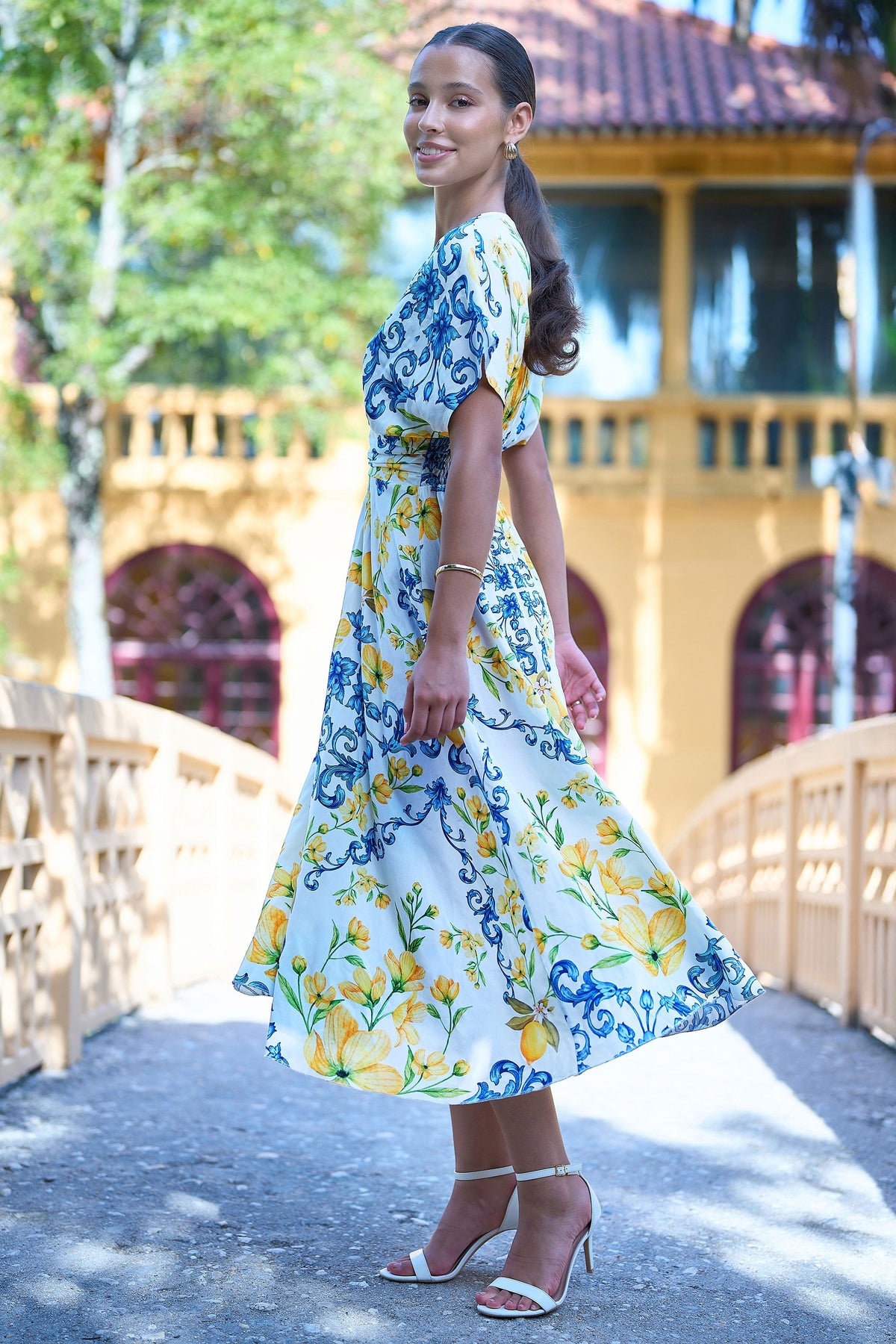 blue and white lemon dress MEDITERRANEAN Style, Italian Blue Mosaic tiles & Lemon Sling Dress, Citrus Ankle Length Sundress, Amalfi inspired Maxi Dress, Majolica dress