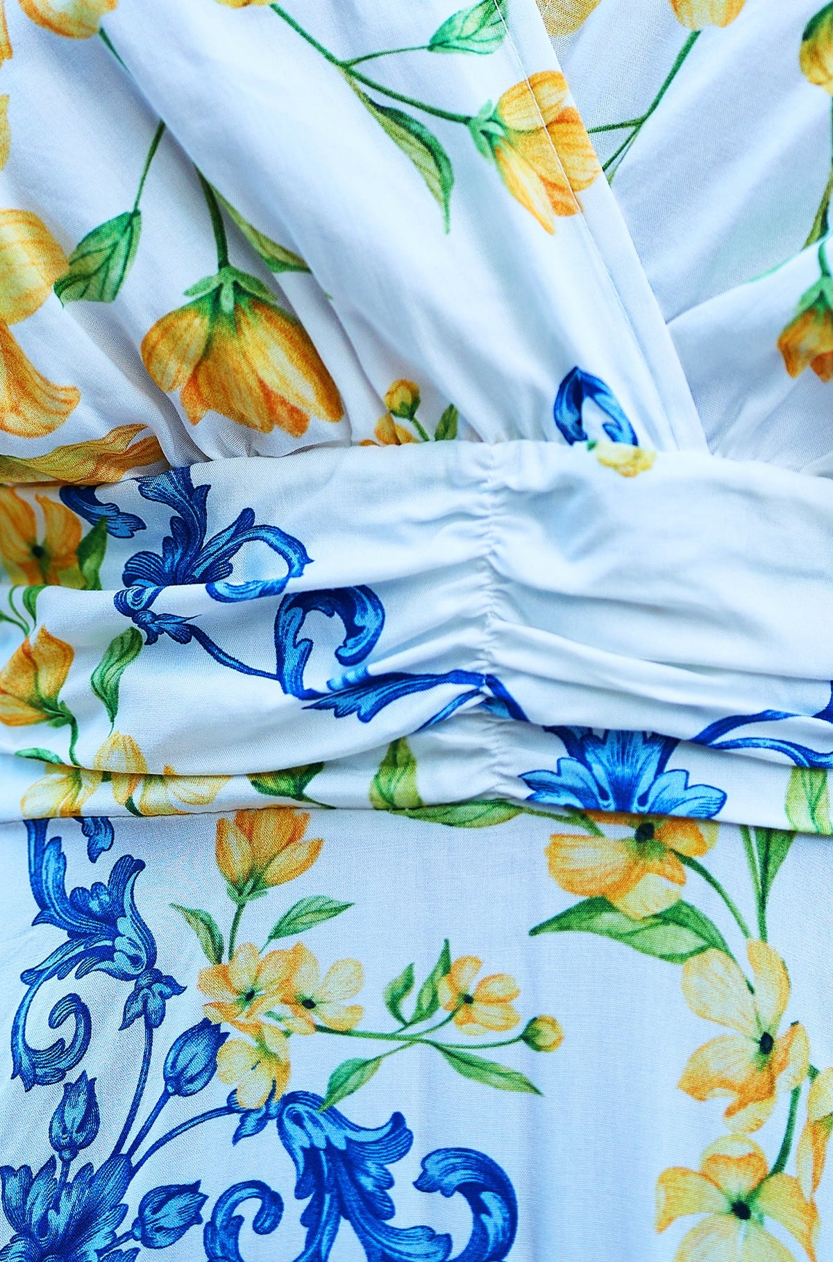 Yumi White Lemon Print Viscose Ruched Waist Midi Dress