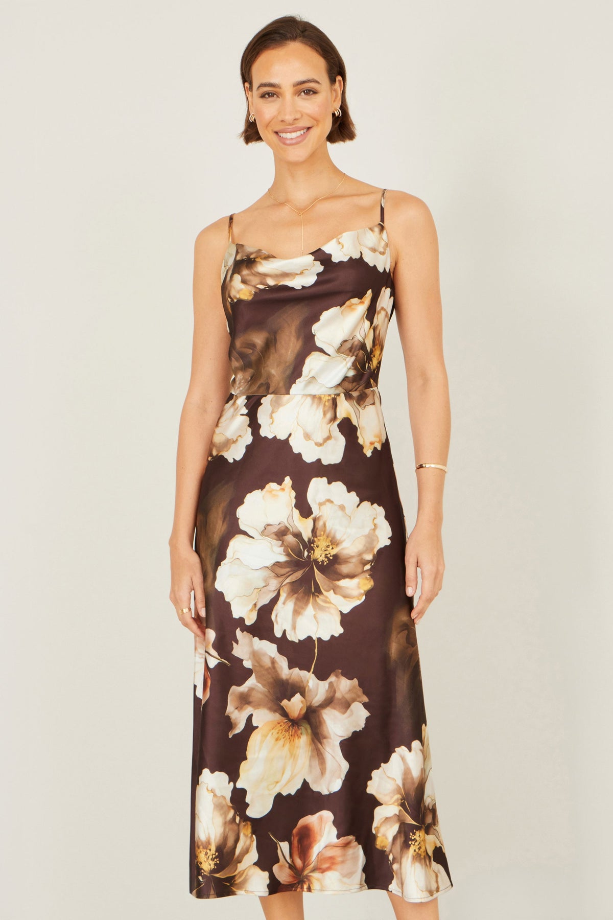 Yumi Brown Cowl Neck Satin Floral Dress
