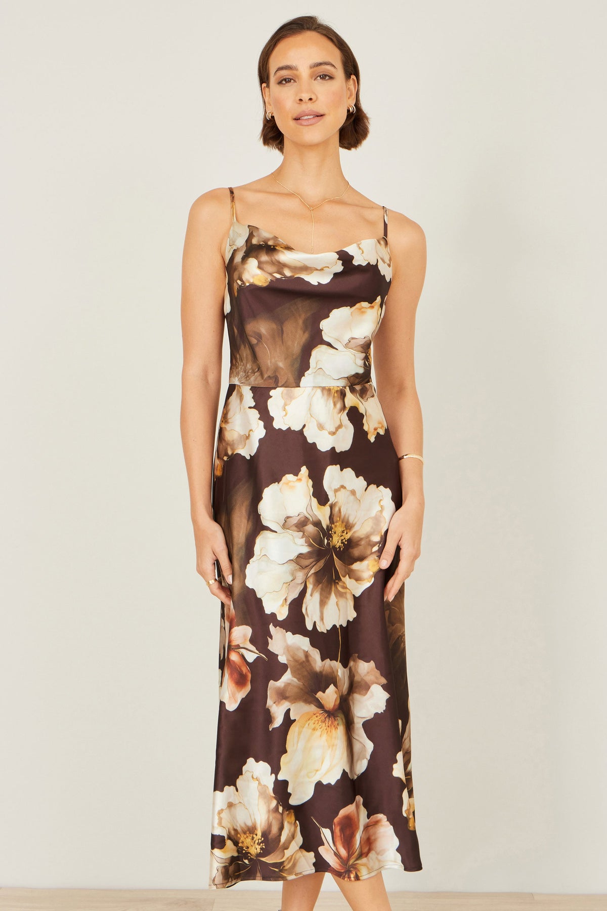 Yumi Brown Cowl Neck Satin Floral Dress
