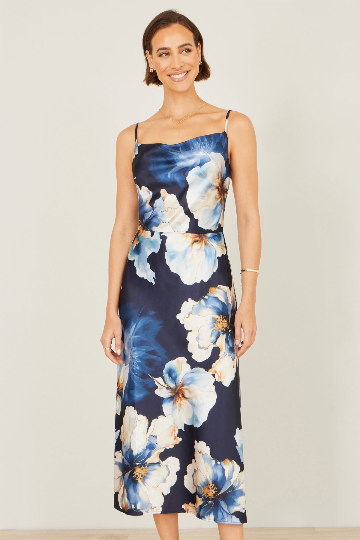 Yumi Navy Cowl Neck Satin Floral Dress