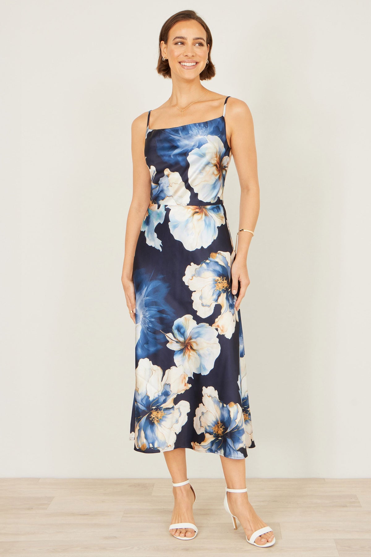 Yumi Navy Cowl Neck Satin Floral Dress